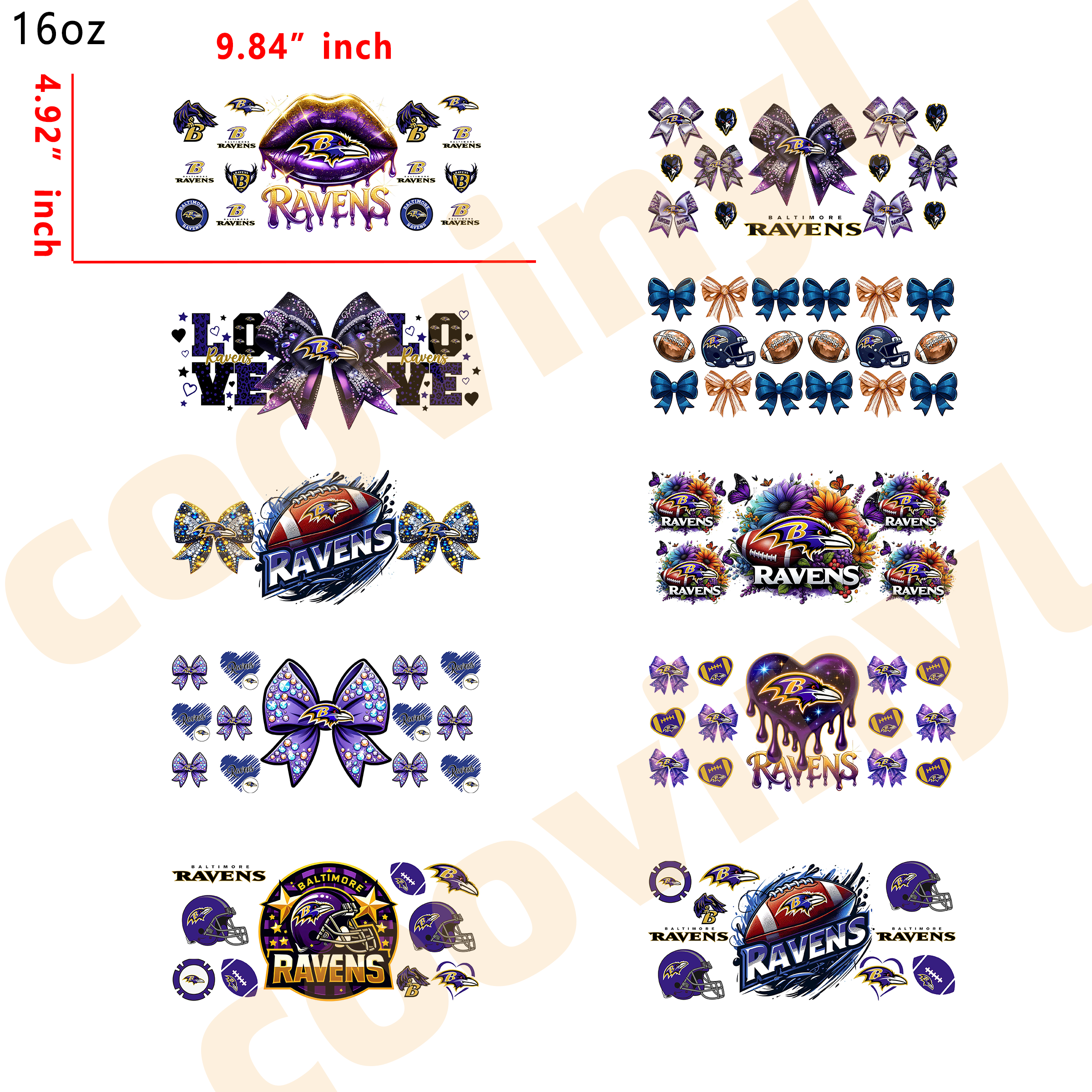 (K43) 10pcs Rugby RAVENS 16OZ Tumbler Cup Wraps, Waterproof Fade-Resistant Decal Stickers, Vivid HD Print with Strong Adhesion, Customizable Transfers for Glass Cups, Mugs & Smooth Surfaces, DIY Art Craft Supplies