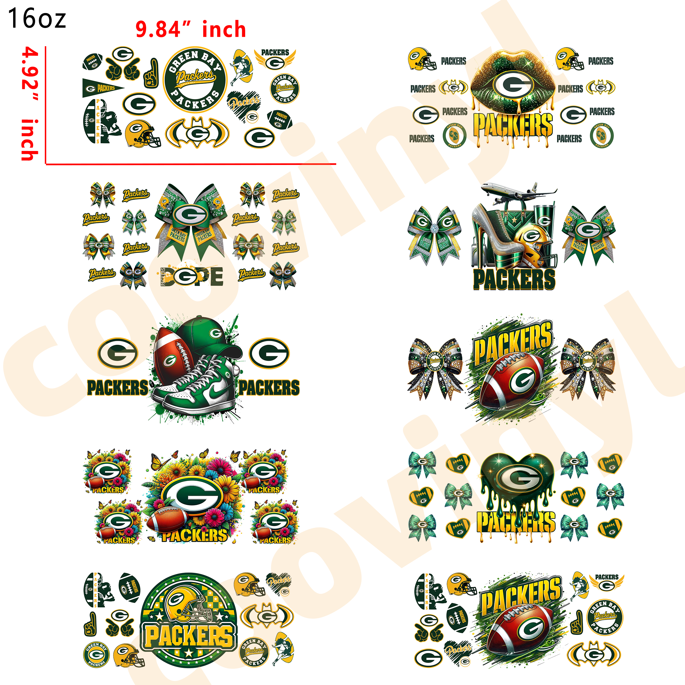 (K44) 10pcs Rugby PACKERS 16OZ Tumbler Cup Wraps, Waterproof Fade-Resistant Decal Stickers, Vivid HD Print with Strong Adhesion, Customizable Transfers for Glass Cups, Mugs & Smooth Surfaces, DIY Art Craft Supplies