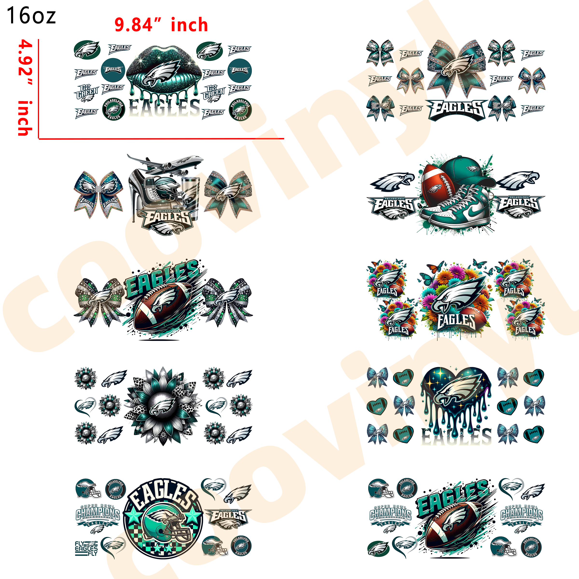 (K50) 10pcs Rugby EAGLES 16OZ Tumbler Cup Wraps, Waterproof Fade-Resistant Decal Stickers, Vivid HD Print with Strong Adhesion, Customizable Transfers for Glass Cups, Mugs & Smooth Surfaces, DIY Art Craft Supplies