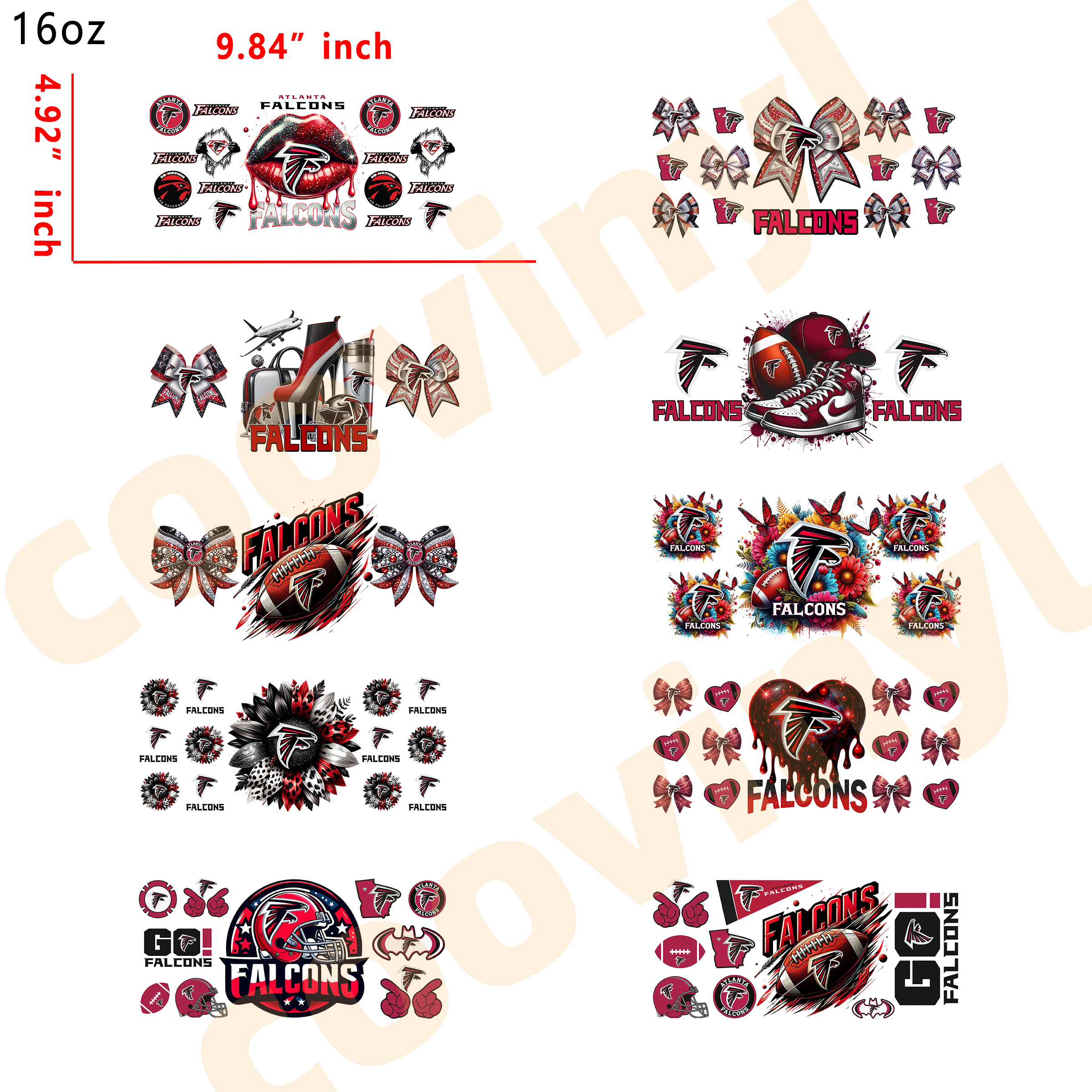 (K52) 10pcs Rugby FALCONS 16OZ Tumbler Cup Wraps, Waterproof Fade-Resistant Decal Stickers, Vivid HD Print with Strong Adhesion, Customizable Transfers for Glass Cups, Mugs & Smooth Surfaces, DIY Art Craft Supplies