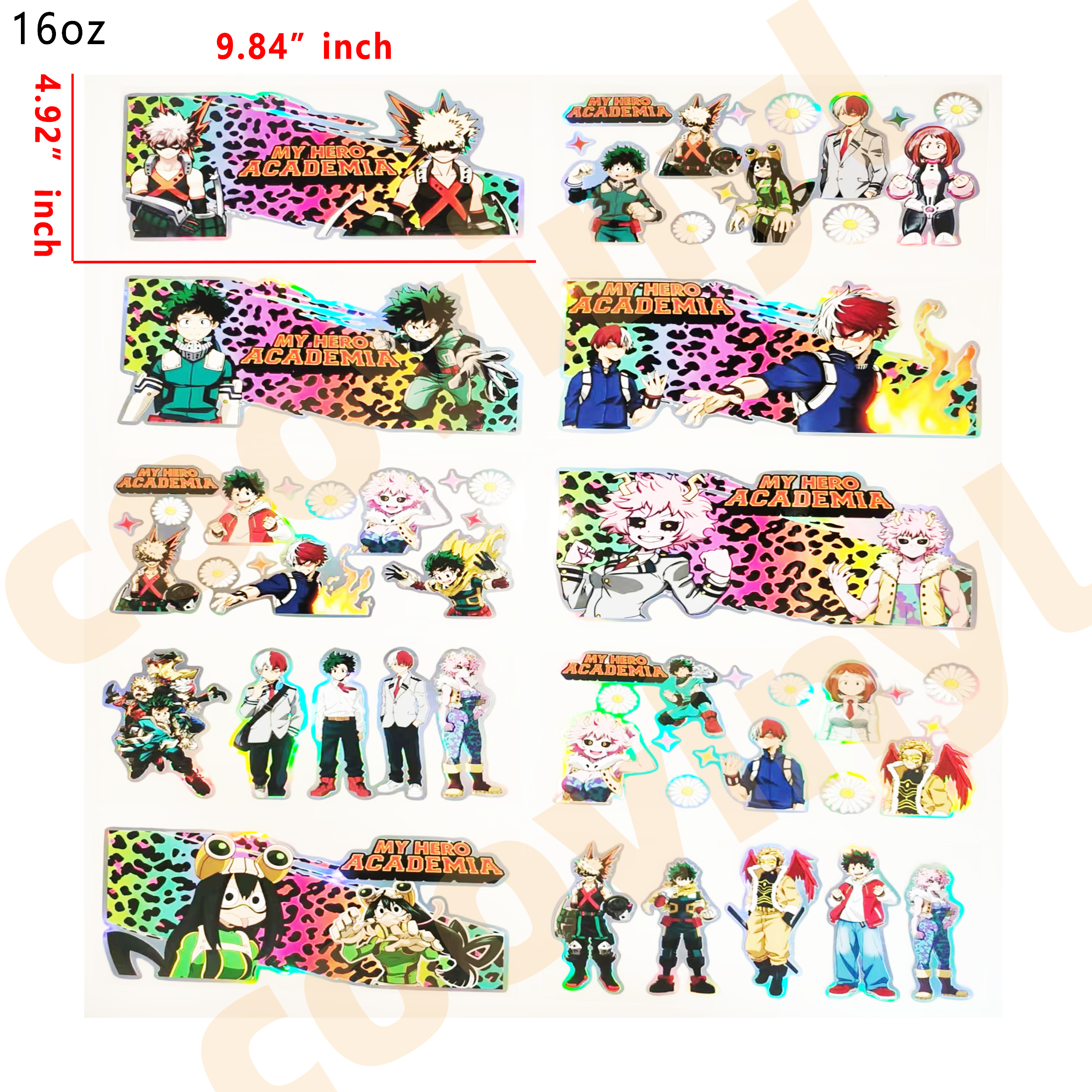 (F24) Holographic 10pcs my hero academia UV DTF Cup Wraps for 16OZ tumblers Waterproof Acrylic Wraps for Cups Glasses &Smooth Objects Vivid Colors Strong Adhesion CustomizableStickers Decal Sticker Art Crafts Kit