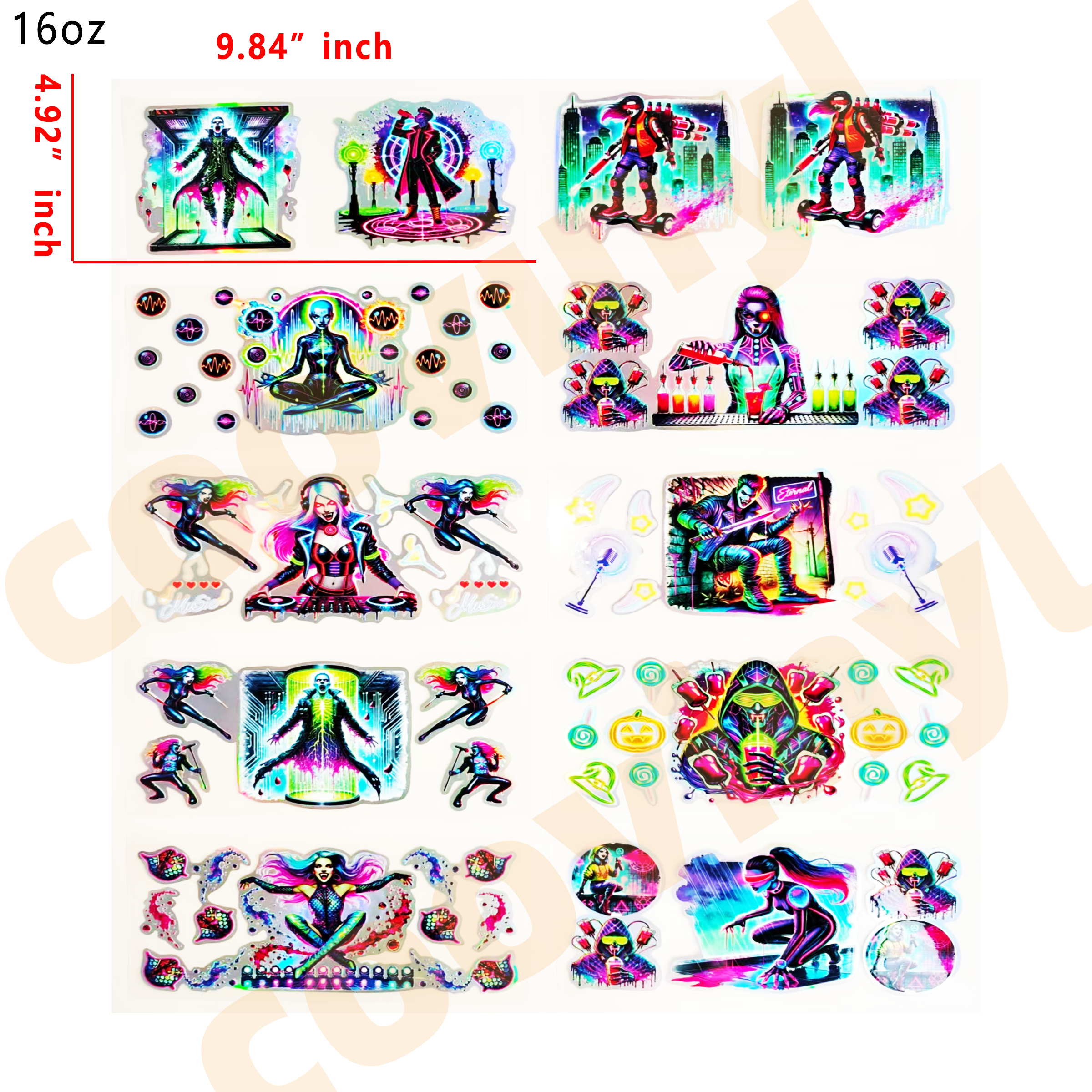 (F30) Holographic 10pcs halloween monster UV DTF Cup Wraps for 16OZ tumblers Waterproof Acrylic Wraps for Cups Glasses &Smooth Objects Vivid Colors Strong Adhesion CustomizableStickers Decal Sticker Art Crafts Kit