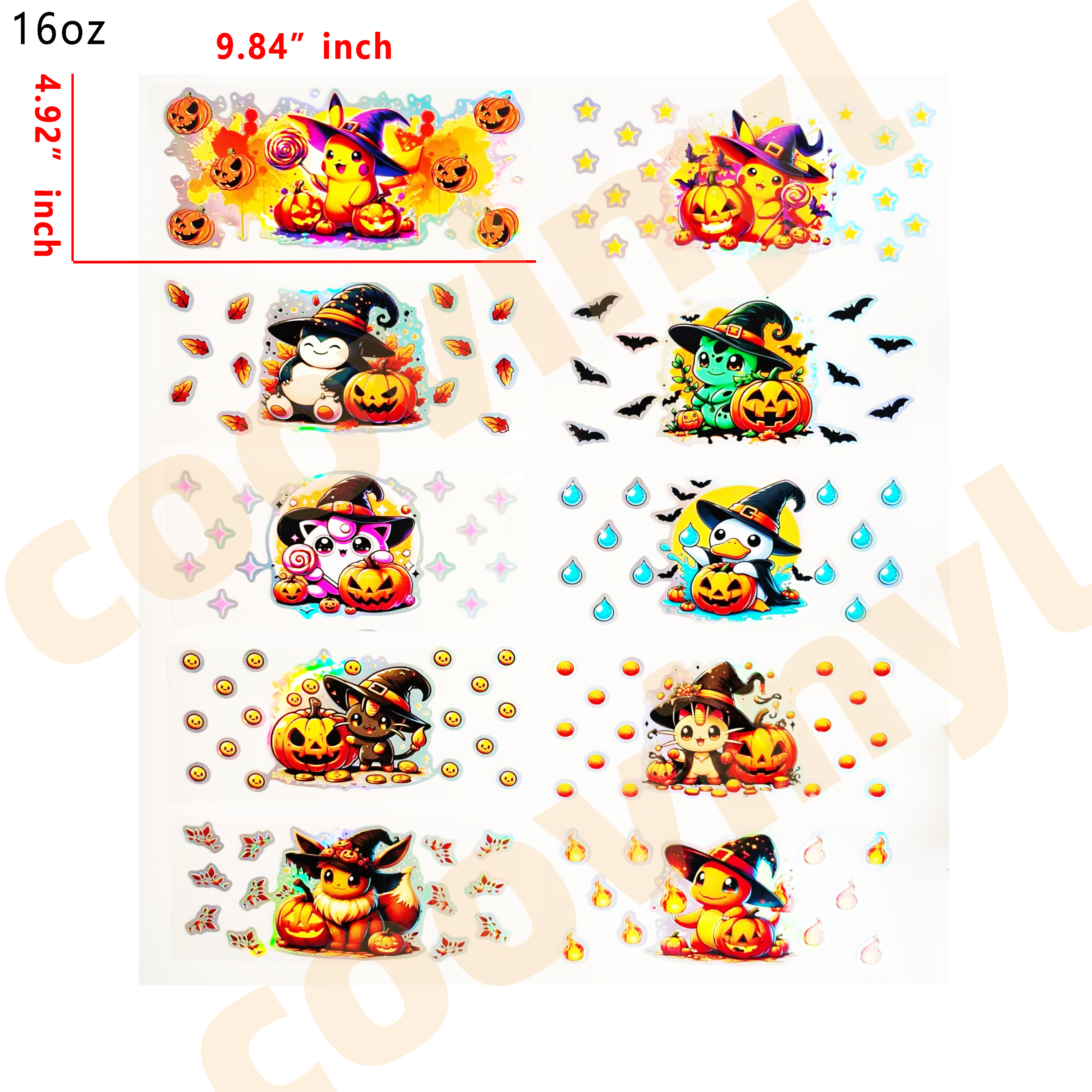 (F31) Holographic 10pcs halloween pokemon UV DTF Cup Wraps for 16OZ tumblers Waterproof Acrylic Wraps for Cups Glasses &Smooth Objects Vivid Colors Strong Adhesion CustomizableStickers Decal Sticker Art Crafts Kit