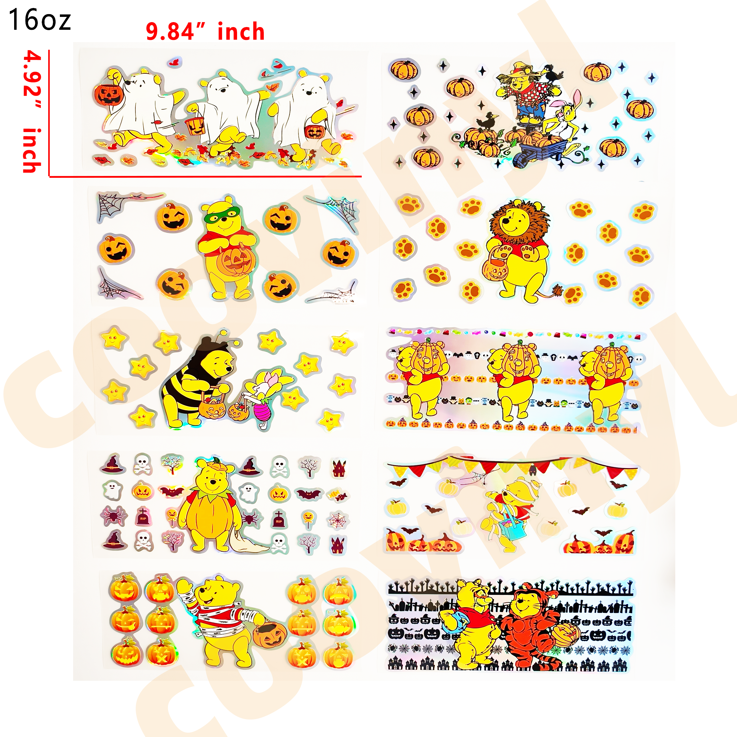 (F35) Holographic 10pcs halloween winnie the pooh UV DTF Cup Wraps for 16OZ tumblers Waterproof Acrylic Wraps for Cups Glasses &Smooth Objects Vivid Colors Strong Adhesion CustomizableStickers Decal Sticker Art Crafts Kit