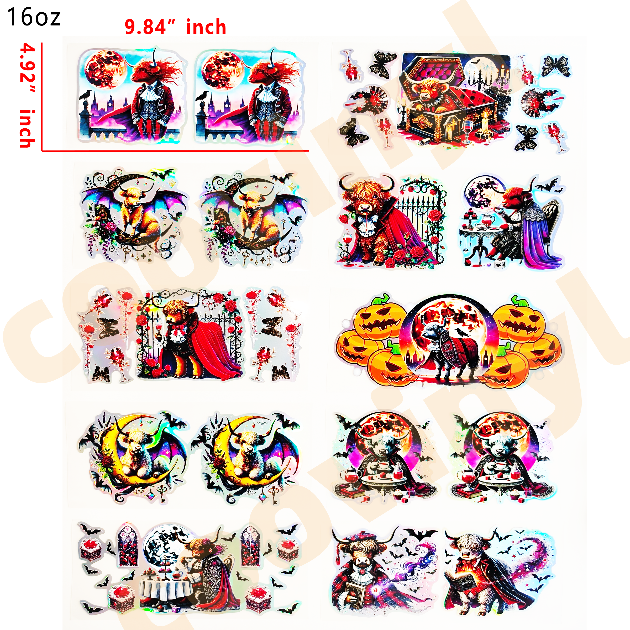 (F36) Holographic 10pcs halloween cow UV DTF Cup Wraps for 16OZ tumblers Waterproof Acrylic Wraps for Cups Glasses &Smooth Objects Vivid Colors Strong Adhesion CustomizableStickers Decal Sticker Art Crafts Kit