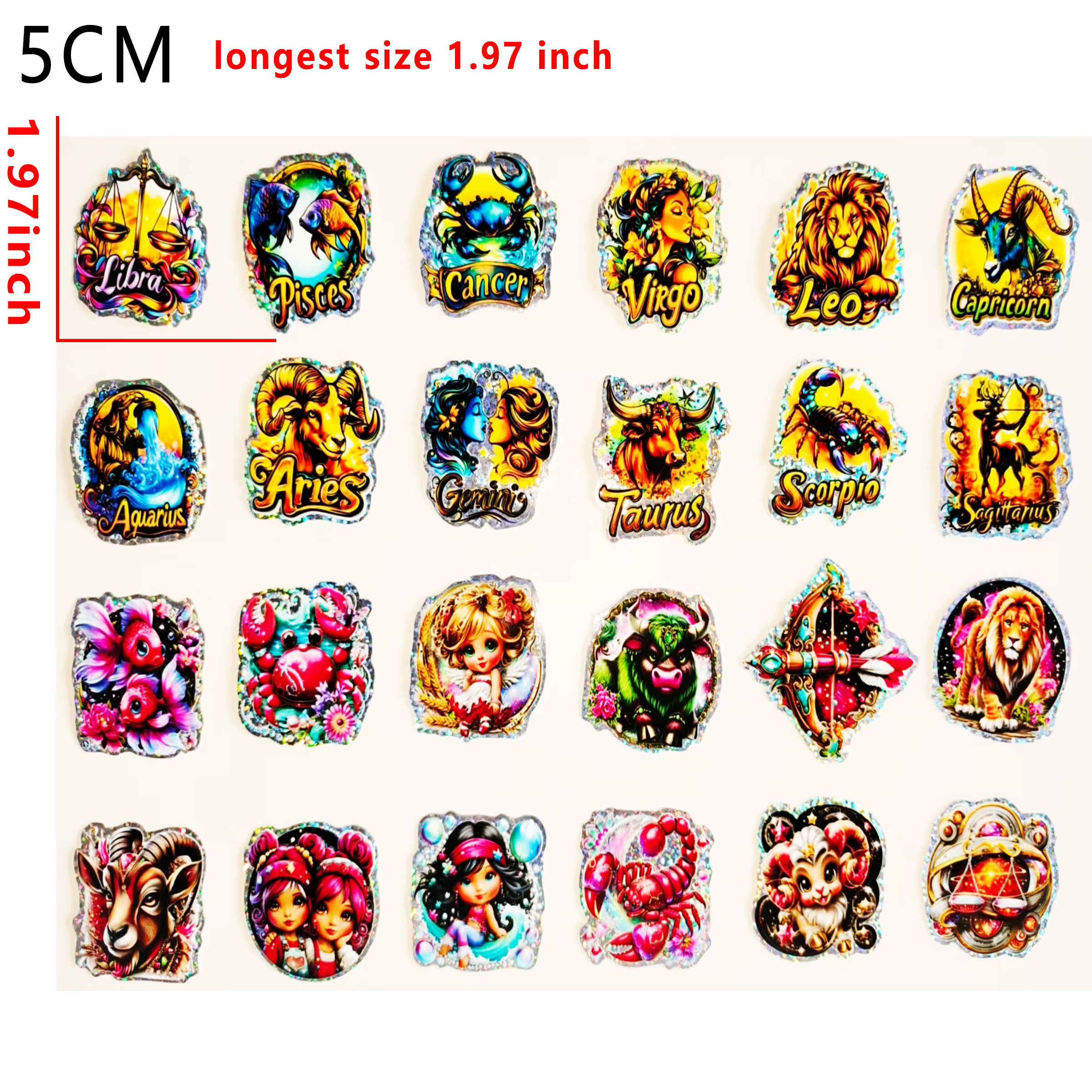 (F37) Holographic 24pcs 5CM zodiac UV DTF Cup Wraps for 16OZ tumblers Waterproof Acrylic Wraps for Cups Glasses &Smooth Objects Vivid Colors Strong Adhesion CustomizableStickers Decal Sticker Art Crafts Kit