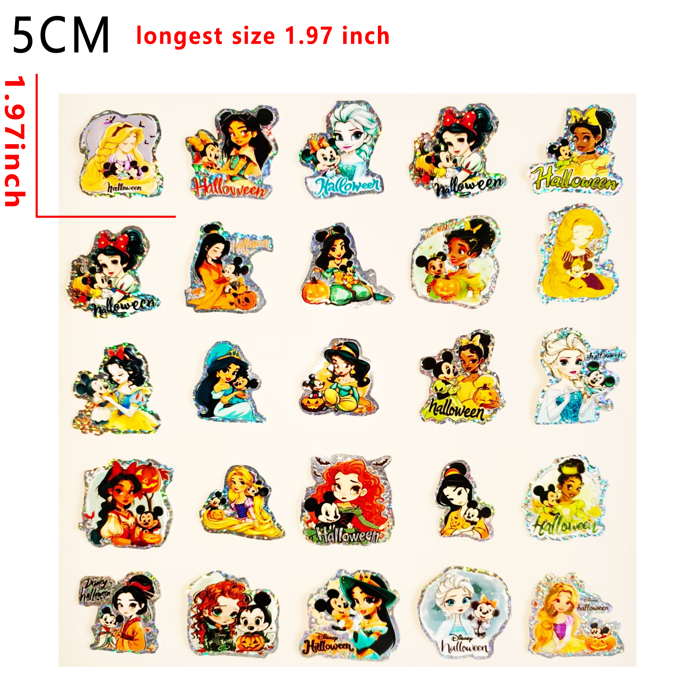 (F38) Holographic 24pcs 5CM halloween disney mix UV DTF Cup Wraps for 16OZ tumblers Waterproof Acrylic Wraps for Cups Glasses &Smooth Objects Vivid Colors Strong Adhesion CustomizableStickers Decal Sticker Art Crafts Kit