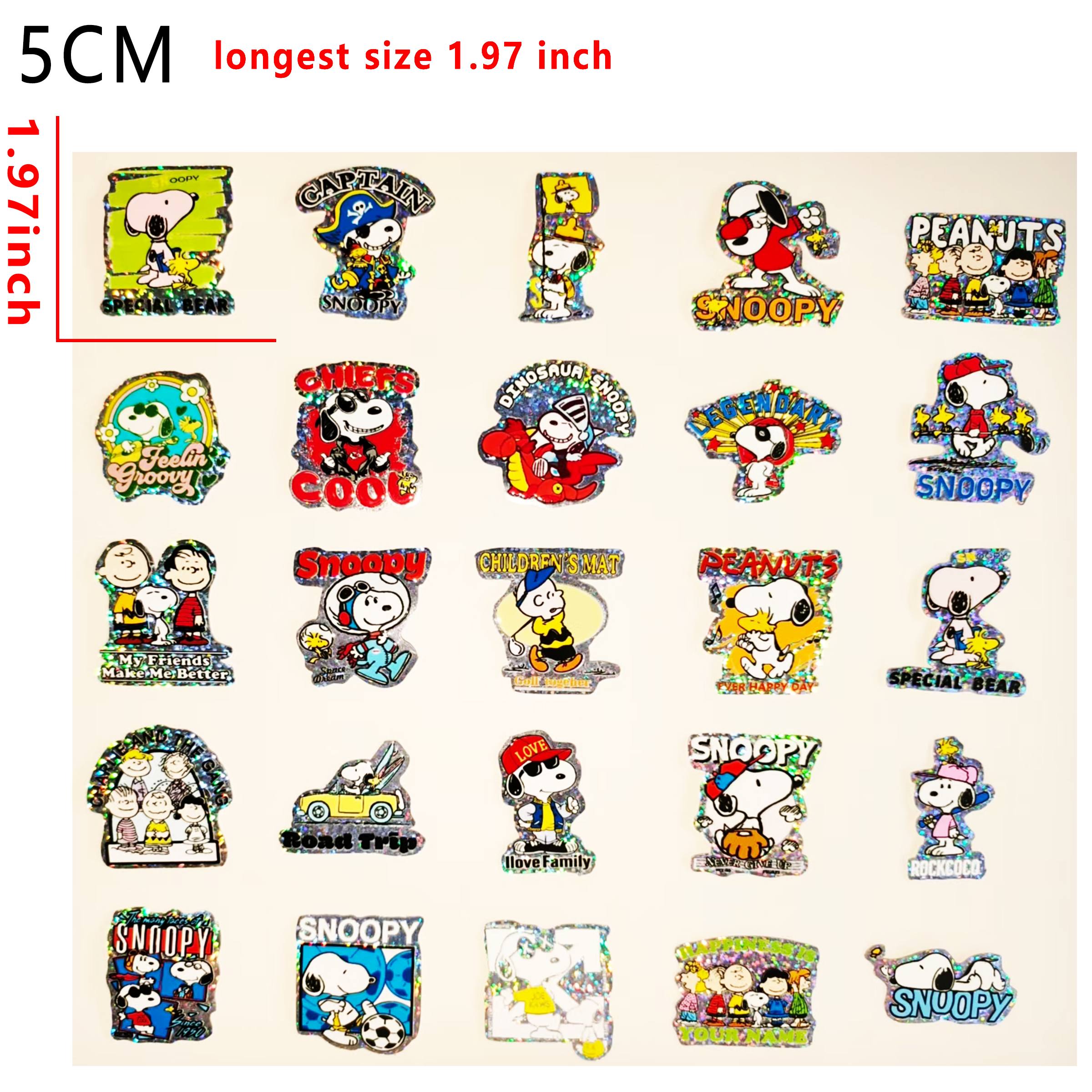(F44) Holographic 25pcs 5CM Snoopy UV DTF Cup Wraps for 16OZ tumblers Waterproof Acrylic Wraps for Cups Glasses &Smooth Objects Vivid Colors Strong Adhesion CustomizableStickers Decal Sticker Art Crafts Kit