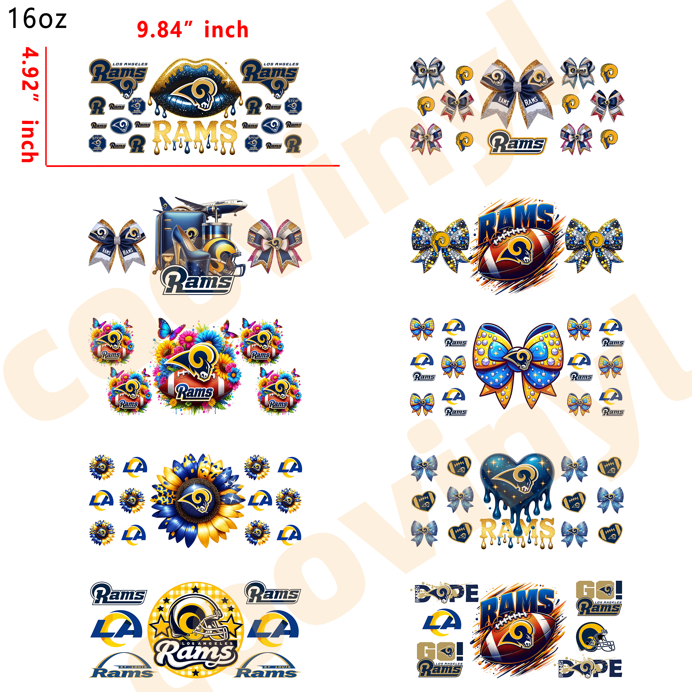 (K84) 10pcs Rugby RAMS 16OZ Tumbler Cup Wraps, Waterproof Fade-Resistant Decal Stickers, Vivid HD Print with Strong Adhesion, Customizable Transfers for Glass Cups, Mugs & Smooth Surfaces, DIY Art Craft Supplies