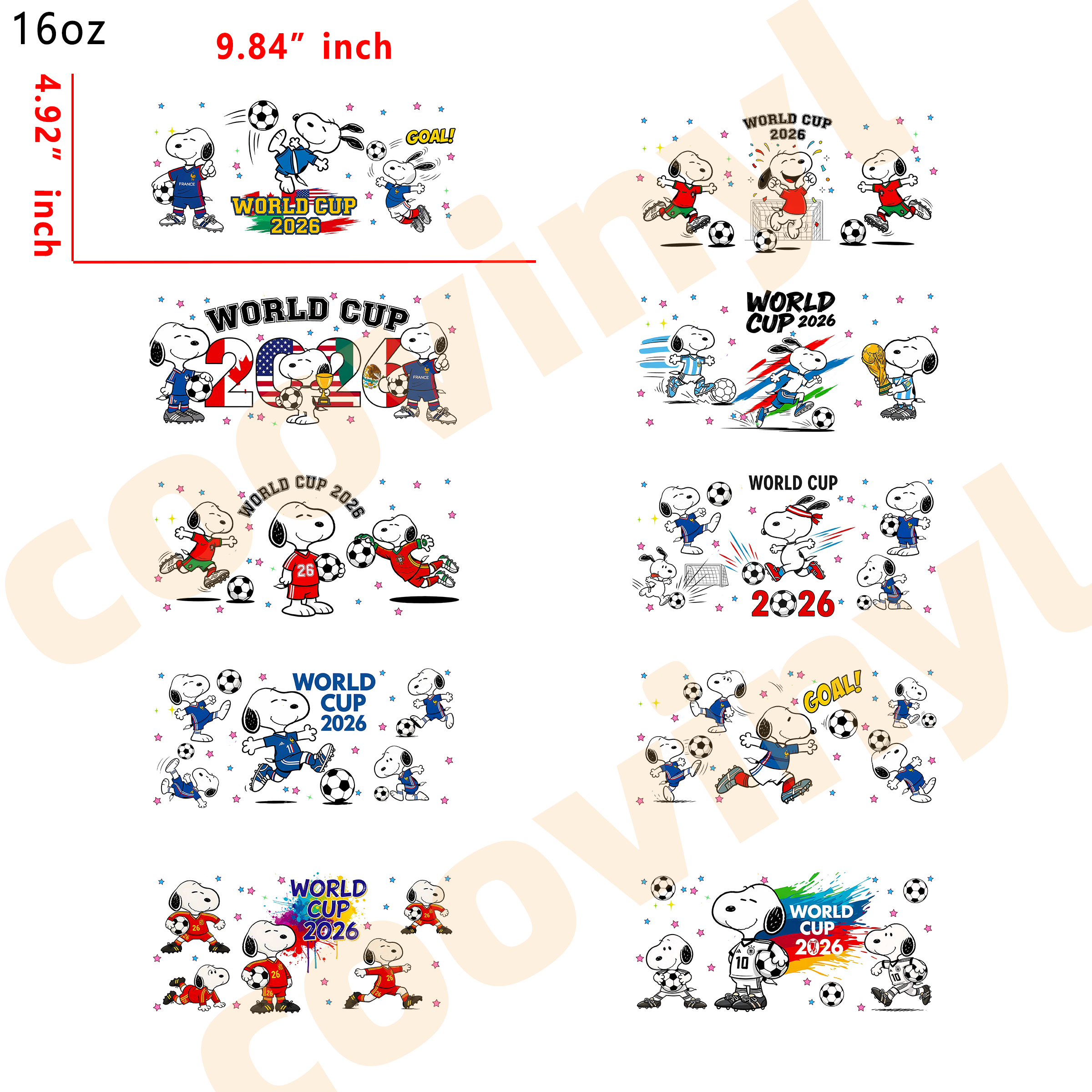 (T42) 20pcs  World Cup Snoopy 16OZ Tumbler Cup Wraps, Waterproof Fade-Resistant Decal Stickers, Vivid HD Print with Strong Adhesion, Customizable Transfers for Glass Cups, Mugs & Smooth Surfaces, DIY Art Craft Supplies