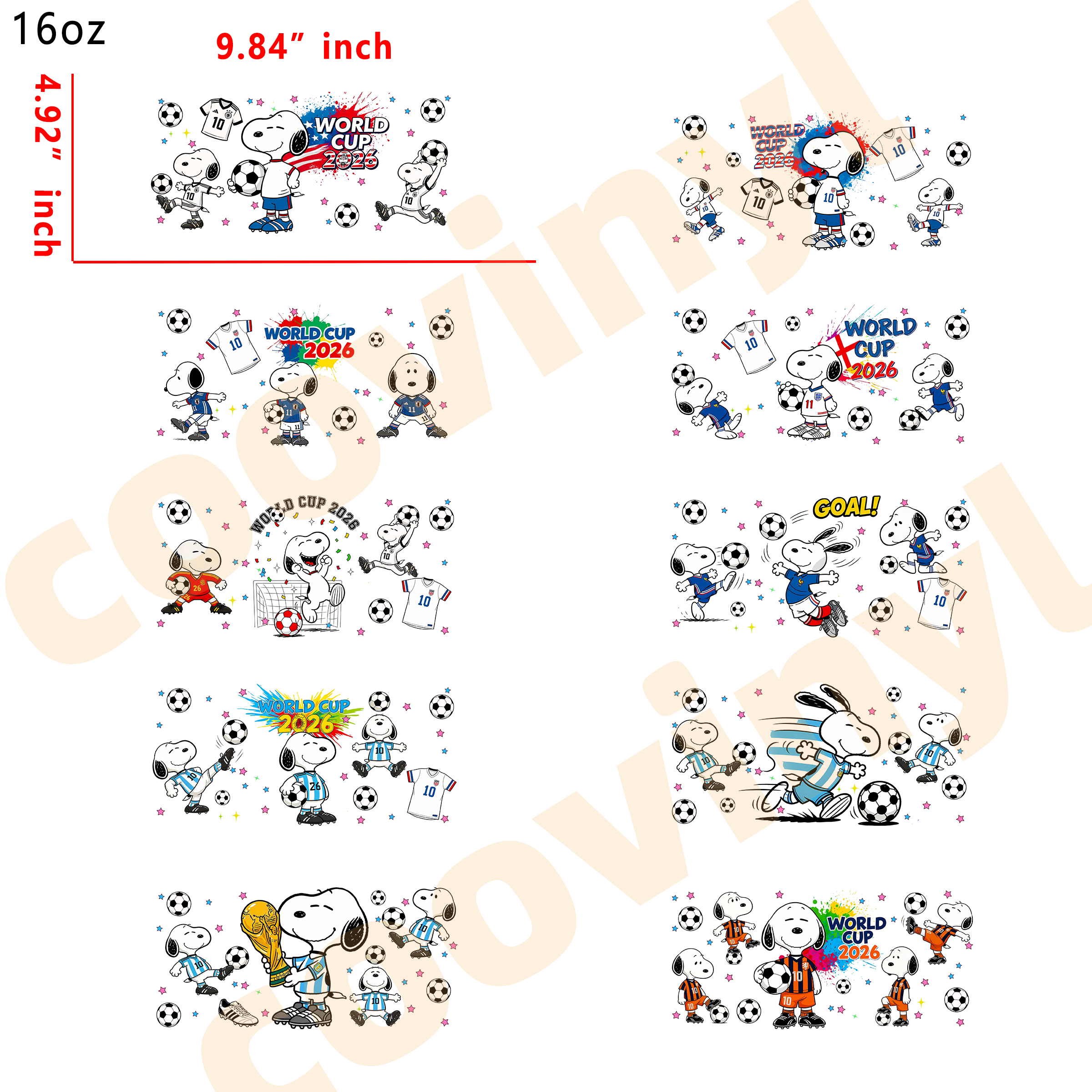 (T42) 20pcs  World Cup Snoopy 16OZ Tumbler Cup Wraps, Waterproof Fade-Resistant Decal Stickers, Vivid HD Print with Strong Adhesion, Customizable Transfers for Glass Cups, Mugs & Smooth Surfaces, DIY Art Craft Supplies