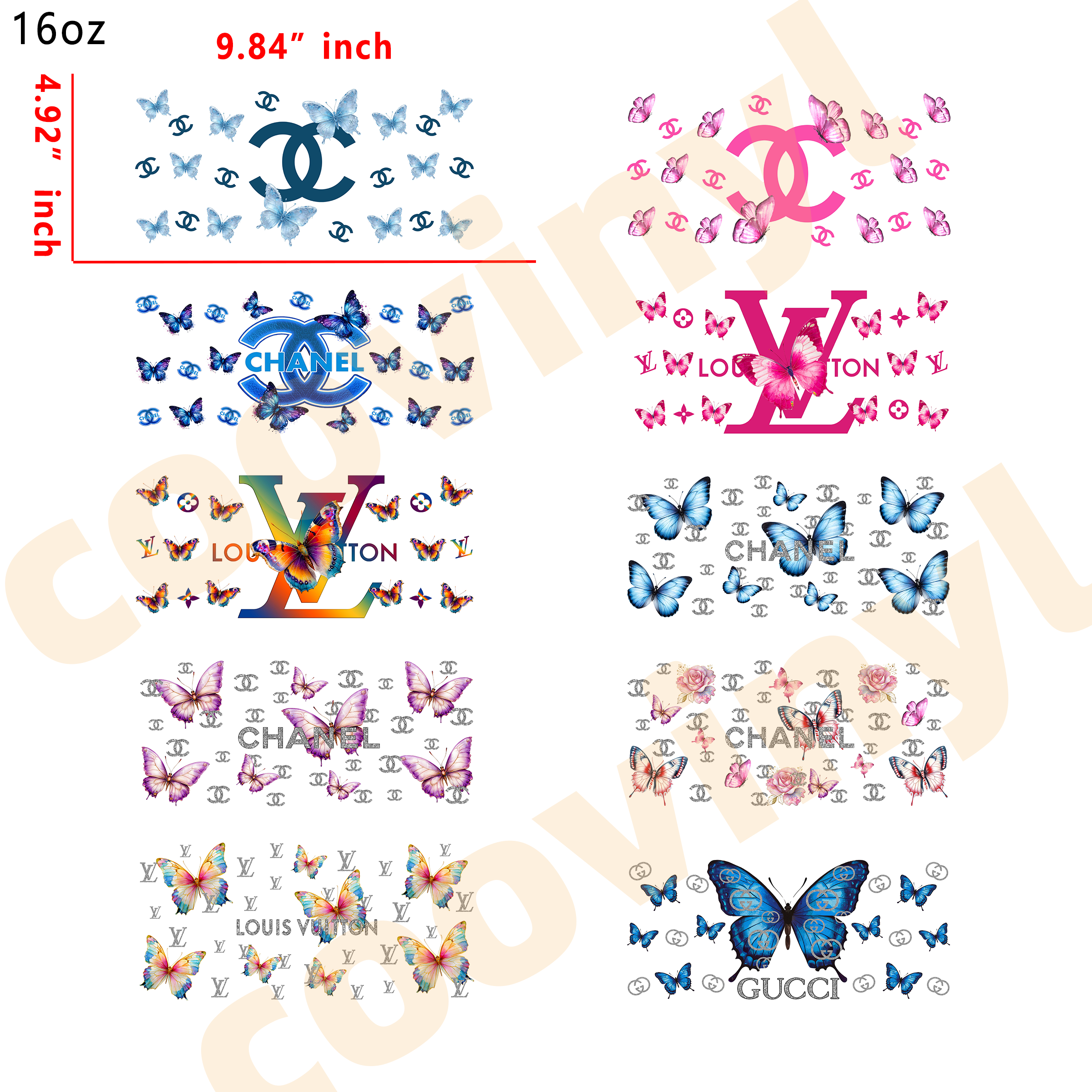 (H18) 20pcs butterfly  designer 16OZ Tumbler Cup Wraps, Waterproof Fade-Resistant Decal Stickers, Vivid HD Print with Strong Adhesion, Customizable Transfers for Glass Cups, Mugs & Smooth Surfaces, DIY Art Craft Supplies