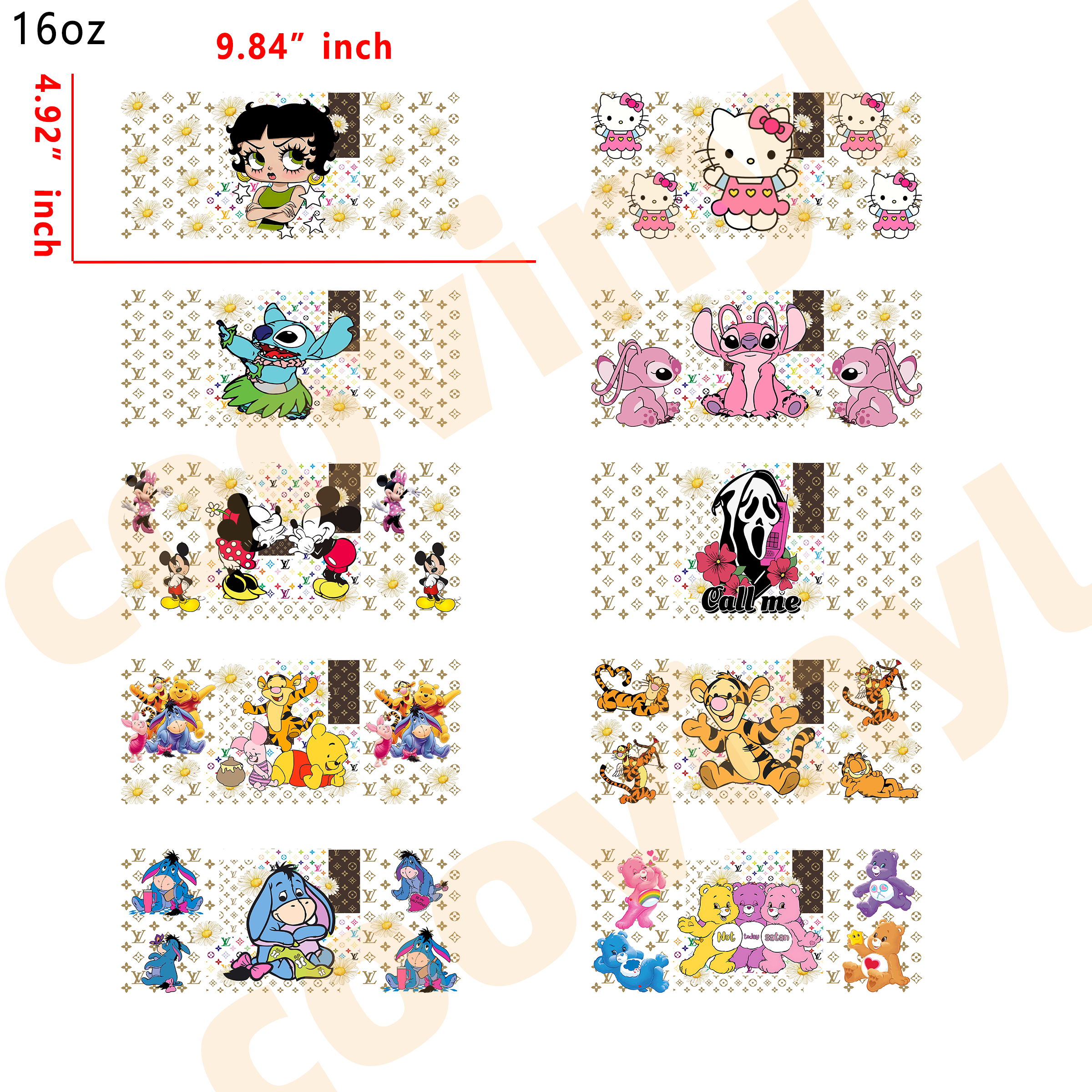 (H7) 20pcs Designer Cartoon Mix 16OZ Tumbler Cup Wraps, Waterproof Fade-Resistant Decal Stickers, Vivid HD Print with Strong Adhesion, Customizable Transfers for Glass Cups, Mugs & Smooth Surfaces, DIY Art Craft Supplies