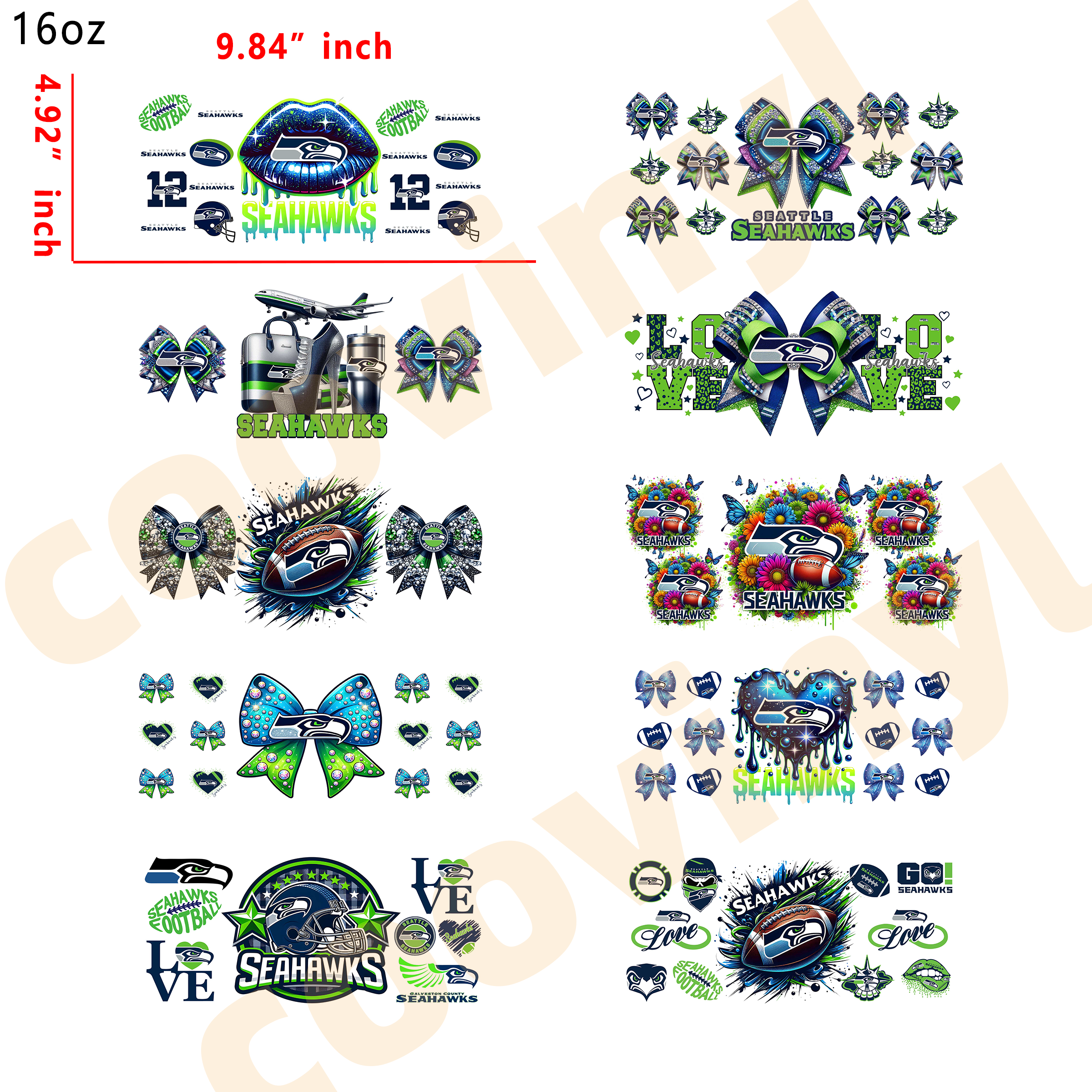 (K41) 20pcs  SEAHAWKS 16OZ Tumbler Cup Wraps, Waterproof Fade-Resistant Decal Stickers, Vivid HD Print with Strong Adhesion, Customizable Transfers for Glass Cups, Mugs & Smooth Surfaces, DIY Art Craft Supplies