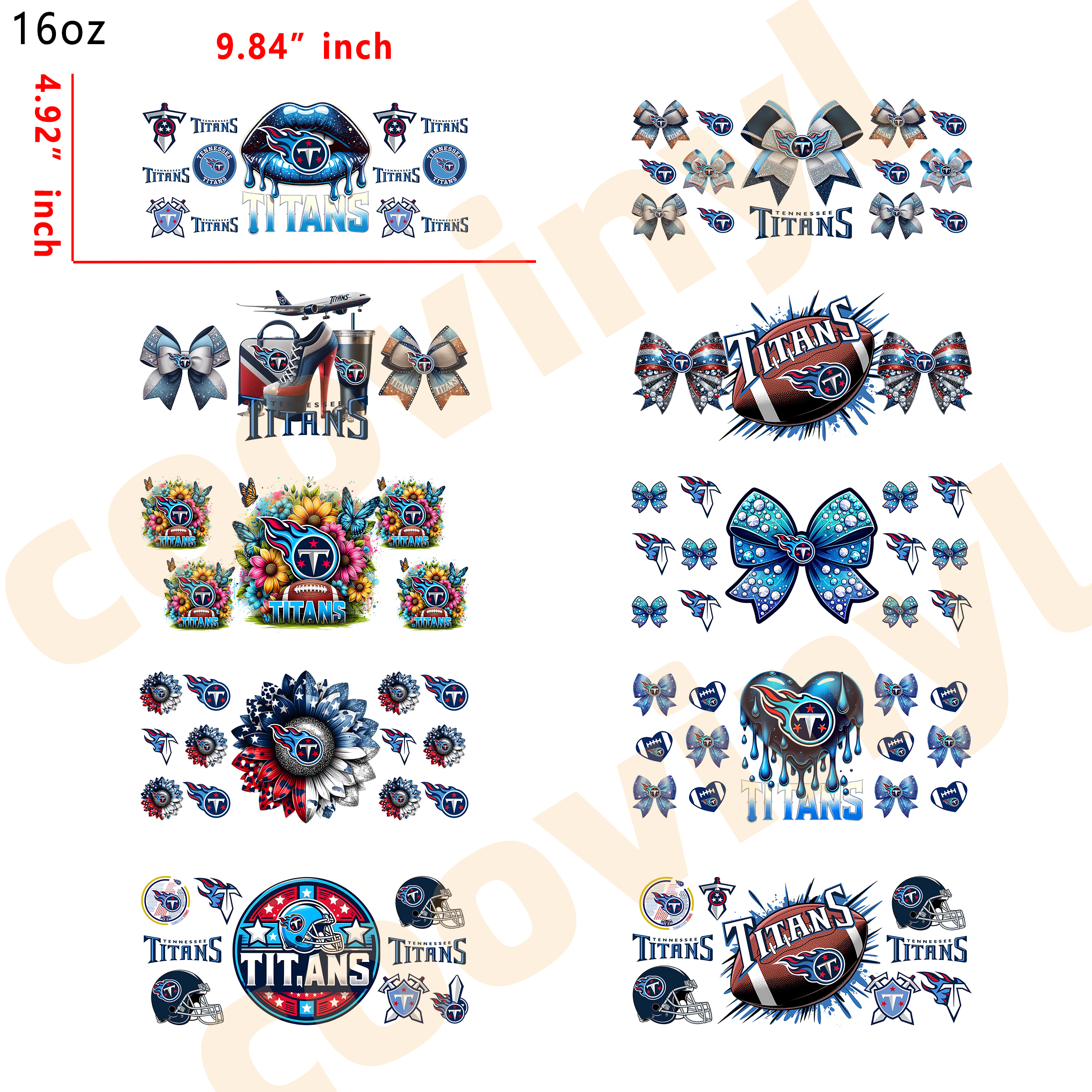 (K83) 10pcs  TITANS 16OZ Tumbler Cup Wraps, Waterproof Fade-Resistant Decal Stickers, Vivid HD Print with Strong Adhesion, Customizable Transfers for Glass Cups, Mugs & Smooth Surfaces, DIY Art Craft Supplies