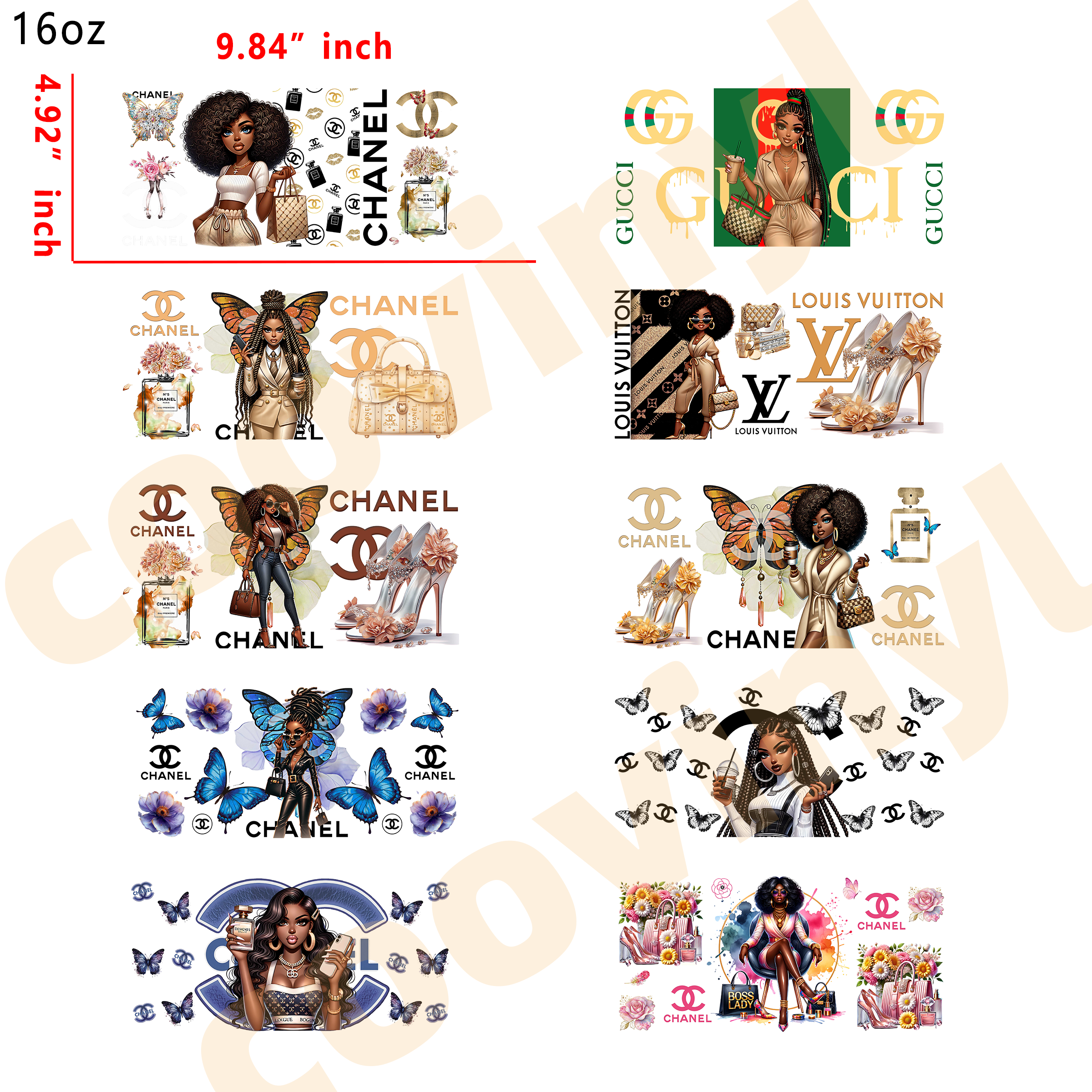 (H19) 20pcs Black women designer 16OZ Tumbler Cup Wraps, Waterproof Fade-Resistant Decal Stickers, Vivid HD Print with Strong Adhesion, Customizable Transfers for Glass Cups, Mugs & Smooth Surfaces, DIY Art Craft Supplies