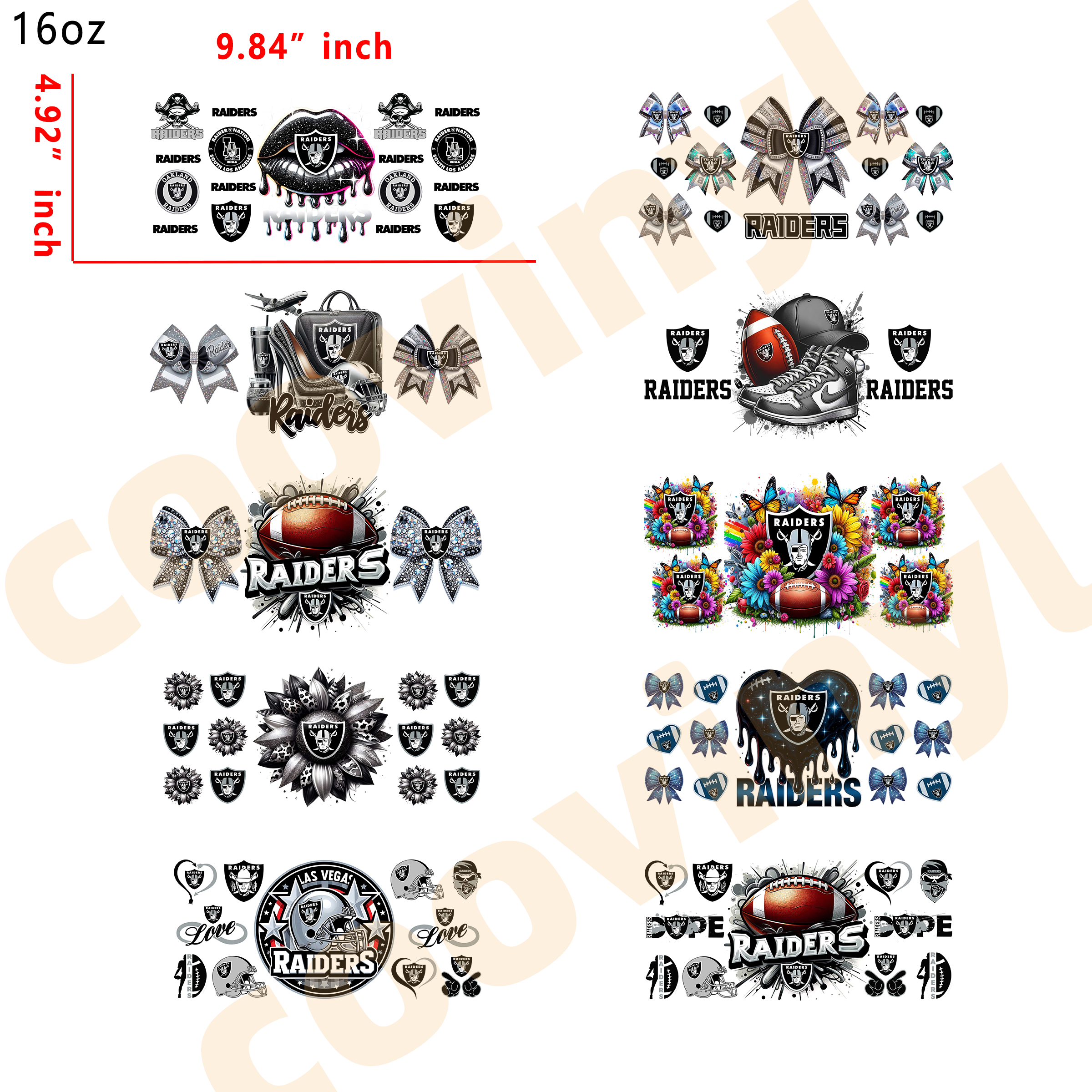 (K49) 10pcs  RAIDERS  16OZ Tumbler Cup Wraps, Waterproof Fade-Resistant Decal Stickers, Vivid HD Print with Strong Adhesion, Customizable Transfers for Glass Cups, Mugs & Smooth Surfaces, DIY Art Craft Supplies