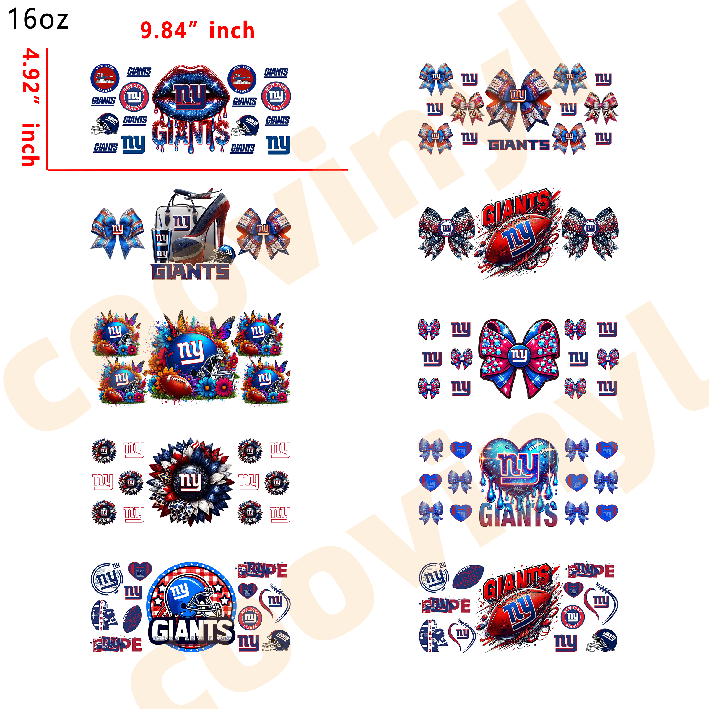 (K86) 10pcs  GIANTS 16OZ Tumbler Cup Wraps, Waterproof Fade-Resistant Decal Stickers, Vivid HD Print with Strong Adhesion, Customizable Transfers for Glass Cups, Mugs & Smooth Surfaces, DIY Art Craft Supplies