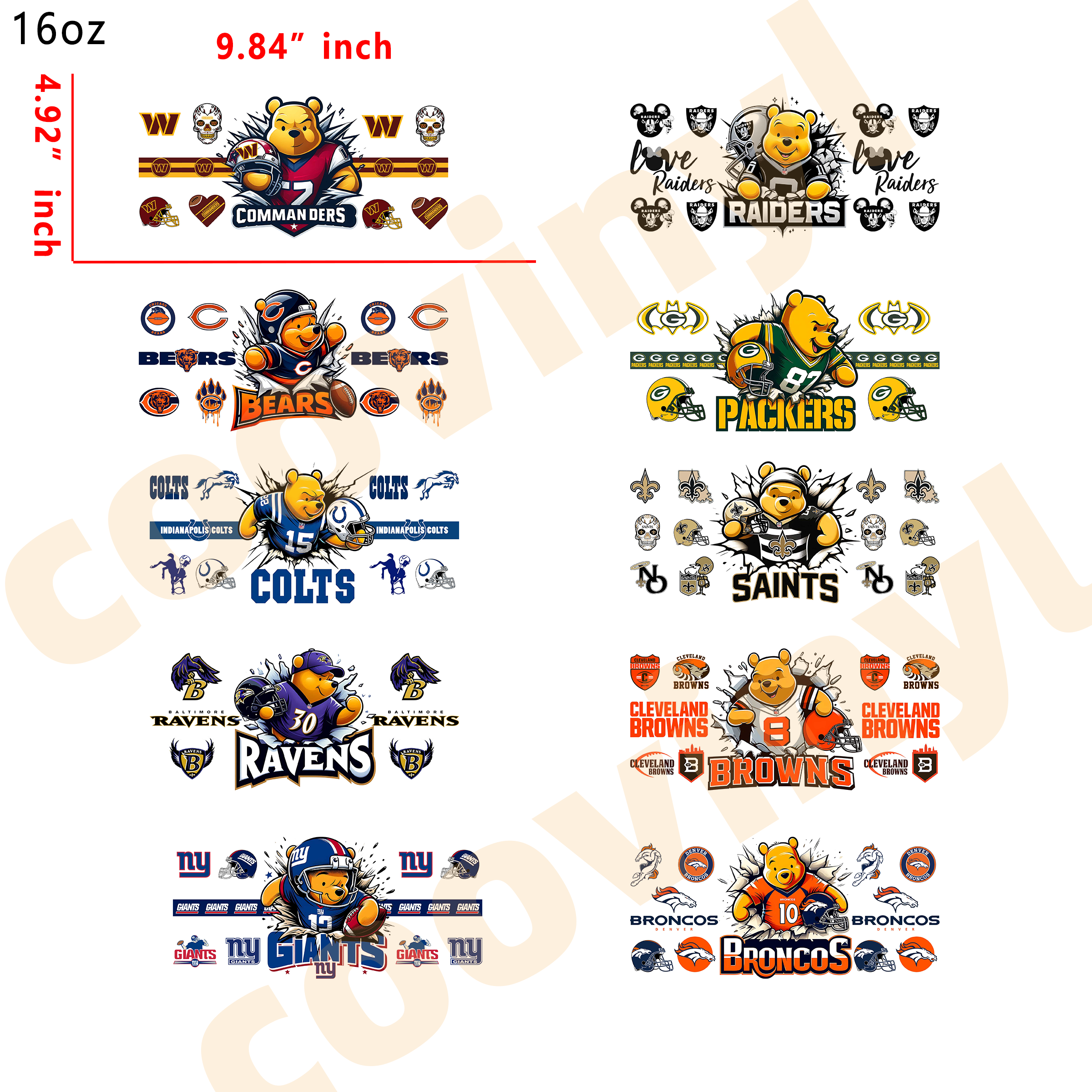 (U96) 32pcs  NFL pooh 16OZ Tumbler Cup Wraps, Waterproof Fade-Resistant Decal Stickers, Vivid HD Print with Strong Adhesion, Customizable Transfers for Glass Cups, Mugs & Smooth Surfaces, DIY Art Craft Supplies