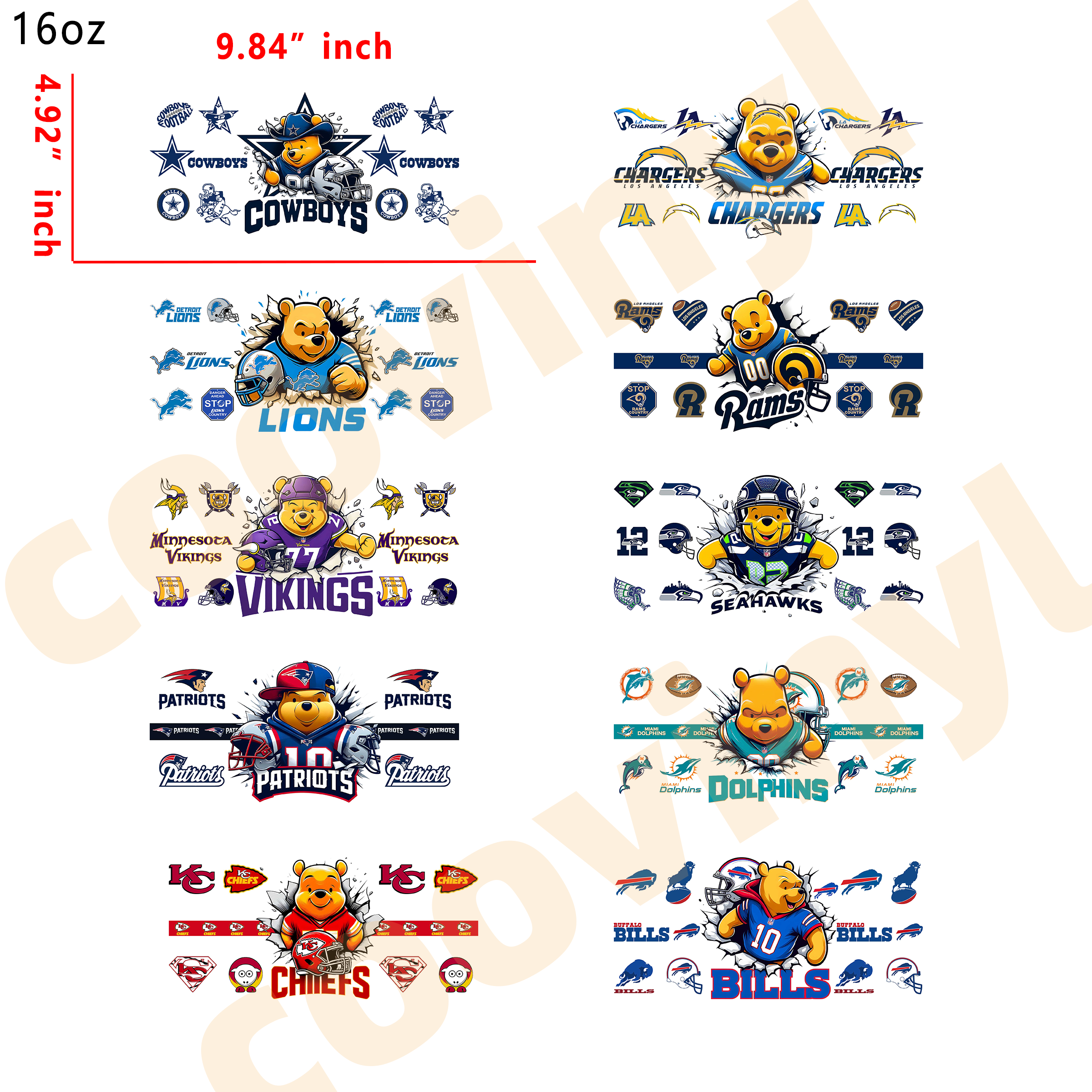 (U96) 32pcs  NFL pooh 16OZ Tumbler Cup Wraps, Waterproof Fade-Resistant Decal Stickers, Vivid HD Print with Strong Adhesion, Customizable Transfers for Glass Cups, Mugs & Smooth Surfaces, DIY Art Craft Supplies