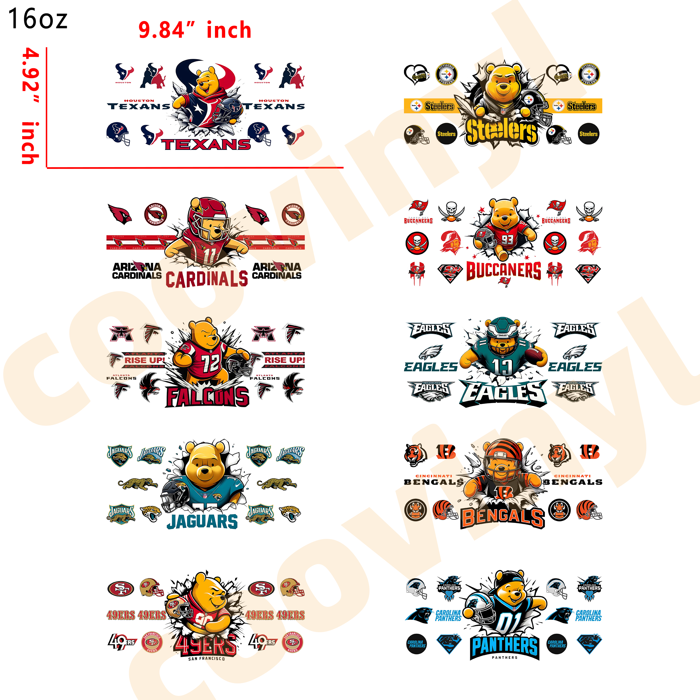 (U96) 32pcs  NFL pooh 16OZ Tumbler Cup Wraps, Waterproof Fade-Resistant Decal Stickers, Vivid HD Print with Strong Adhesion, Customizable Transfers for Glass Cups, Mugs & Smooth Surfaces, DIY Art Craft Supplies