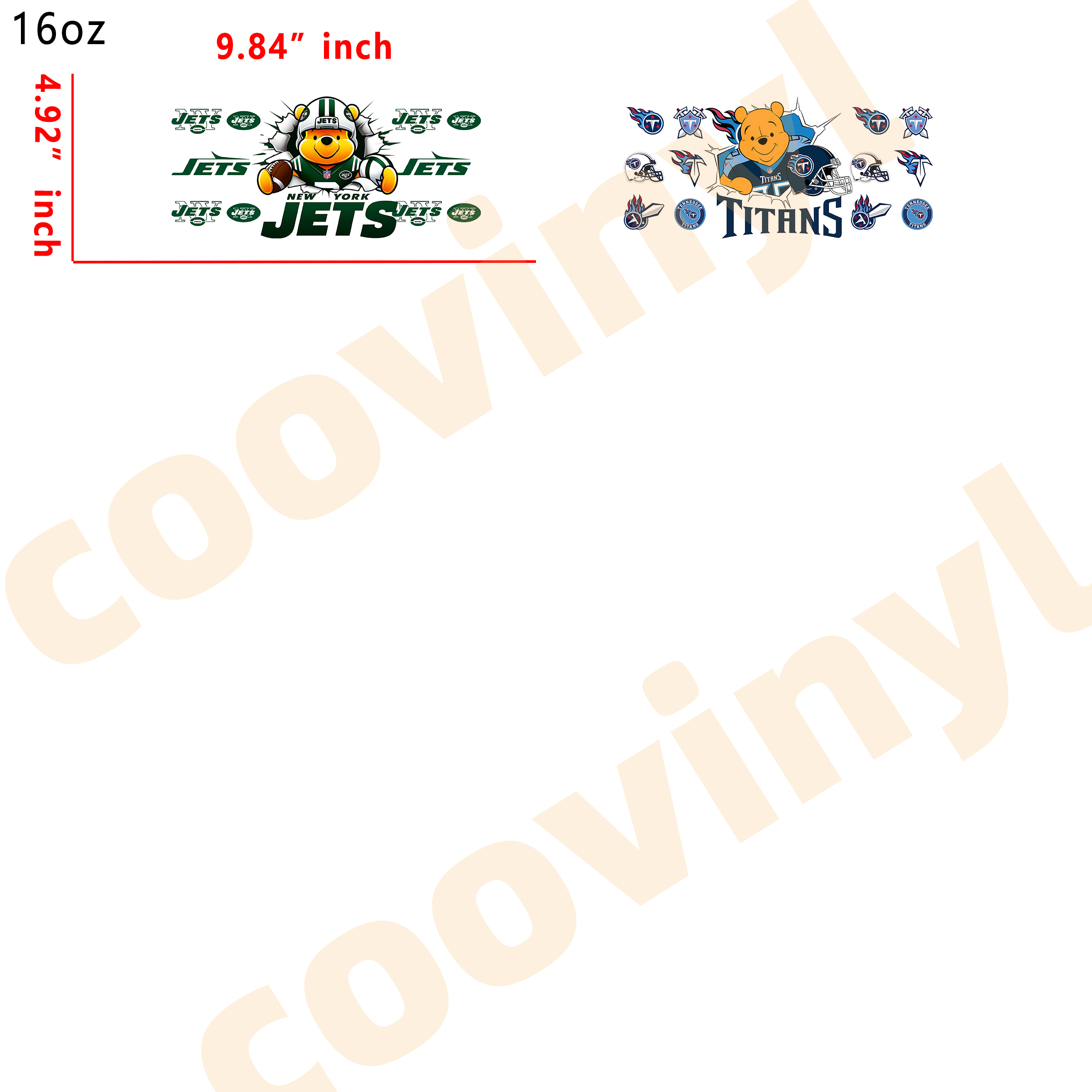 (U96) 32pcs  NFL pooh 16OZ Tumbler Cup Wraps, Waterproof Fade-Resistant Decal Stickers, Vivid HD Print with Strong Adhesion, Customizable Transfers for Glass Cups, Mugs & Smooth Surfaces, DIY Art Craft Supplies