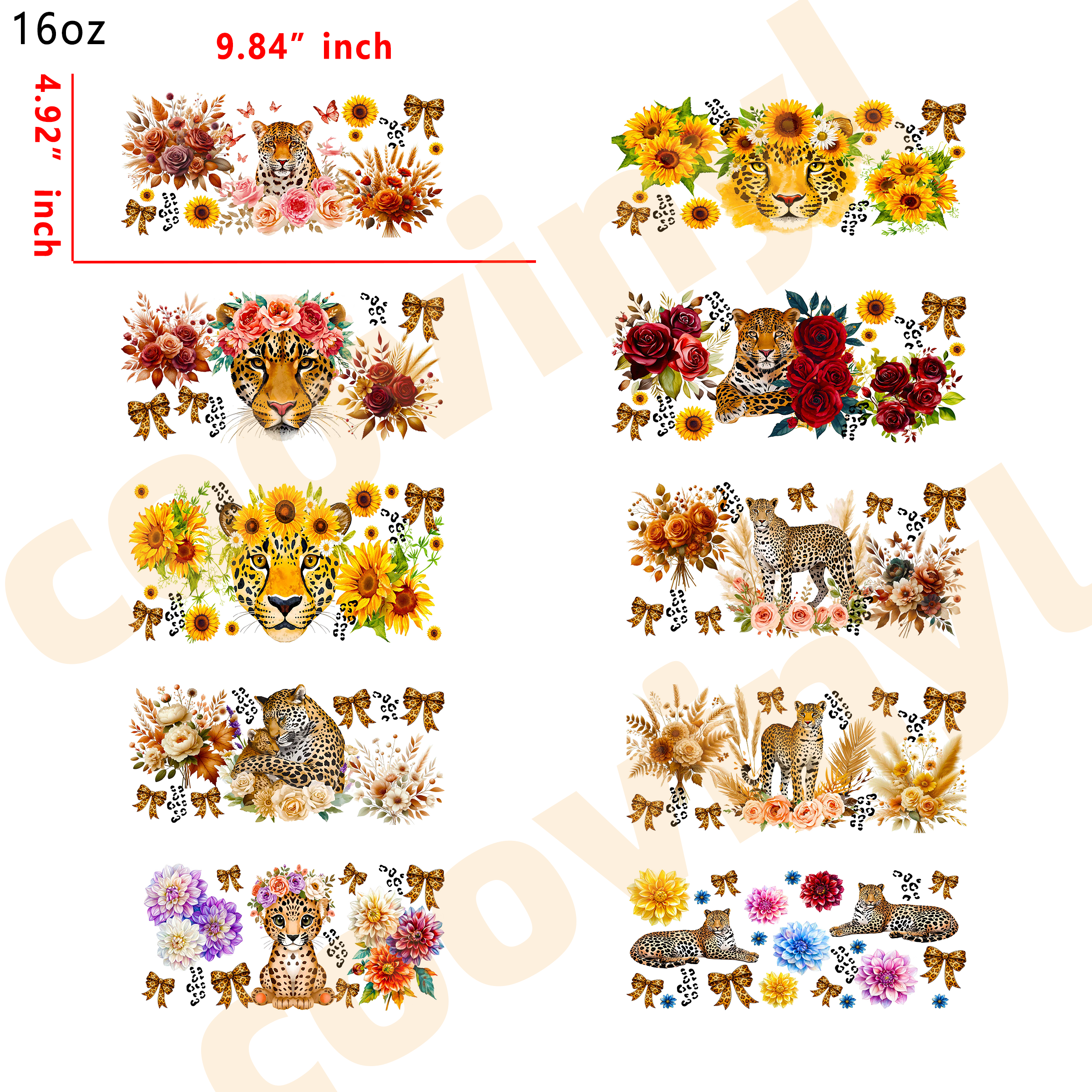 (K16) 10pcs  flower and lion 16OZ Tumbler Cup Wraps, Waterproof Fade-Resistant Decal Stickers, Vivid HD Print with Strong Adhesion, Customizable Transfers for Glass Cups, Mugs & Smooth Surfaces, DIY Art Craft Supplies