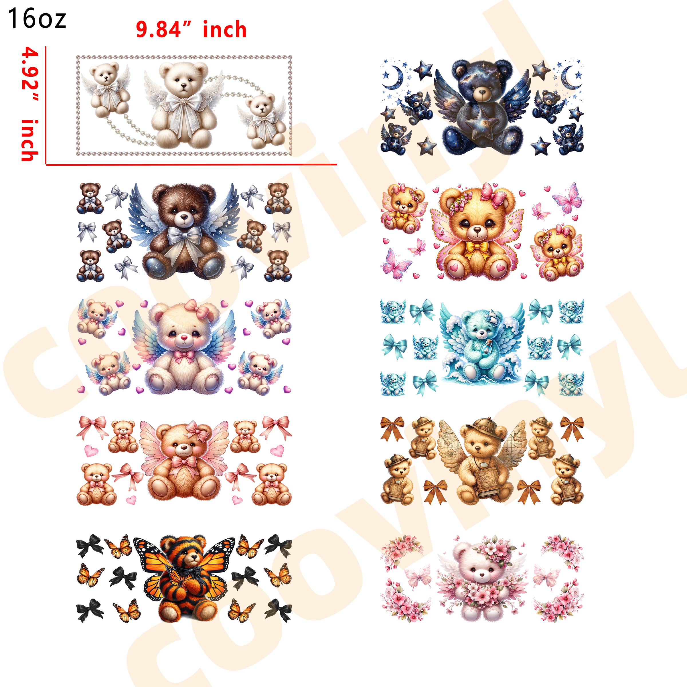 (K71) 10pcs angle bear 16OZ Tumbler Cup Wraps, Waterproof Fade-Resistant Decal Stickers, Vivid HD Print with Strong Adhesion, Customizable Transfers for Glass Cups, Mugs & Smooth Surfaces, DIY Art Craft Supplies
