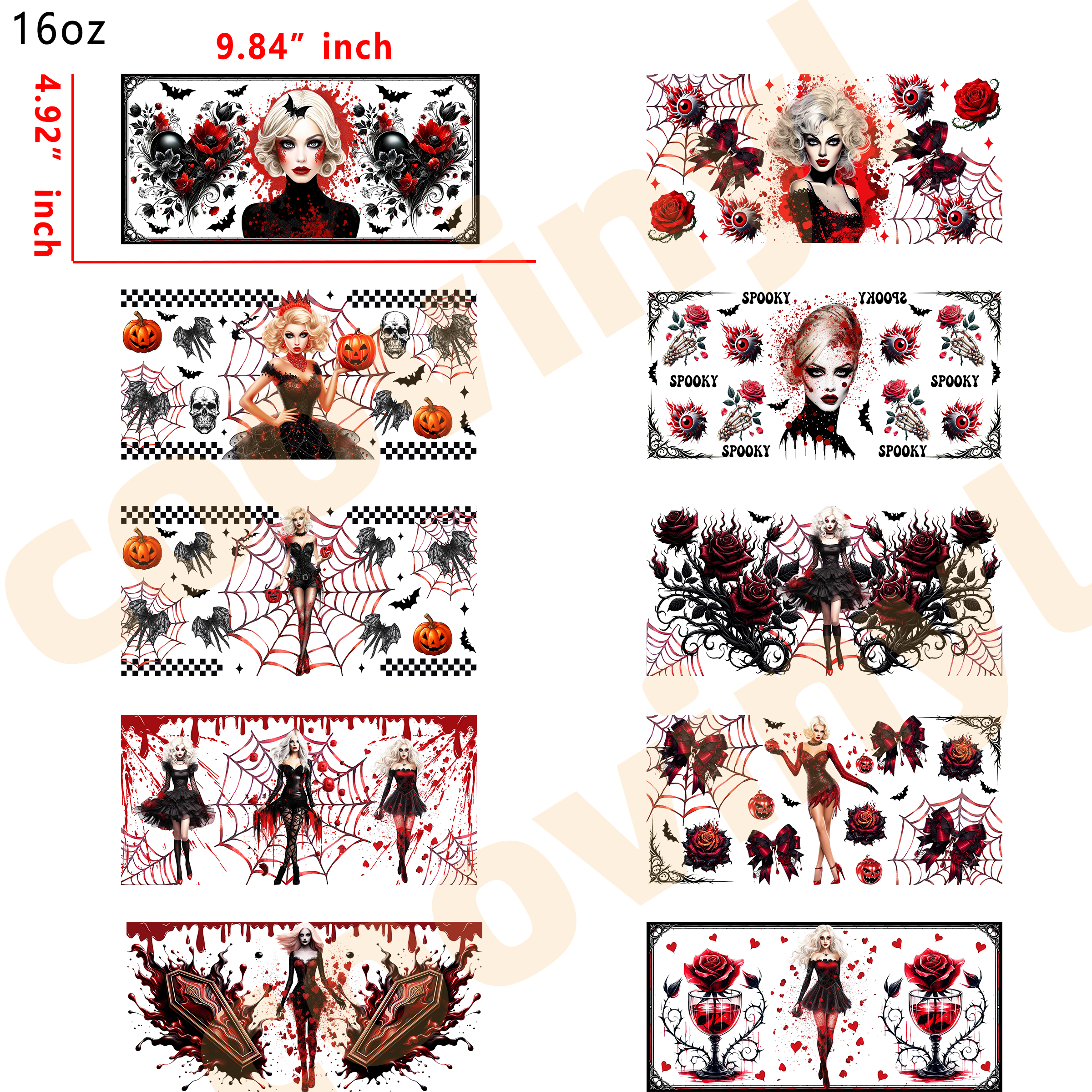 (L63) 10pcs spooky girl 16OZ Tumbler Cup Wraps, Waterproof Fade-Resistant Decal Stickers, Vivid HD Print with Strong Adhesion, Customizable Transfers for Glass Cups, Mugs & Smooth Surfaces, DIY Art Craft Supplies