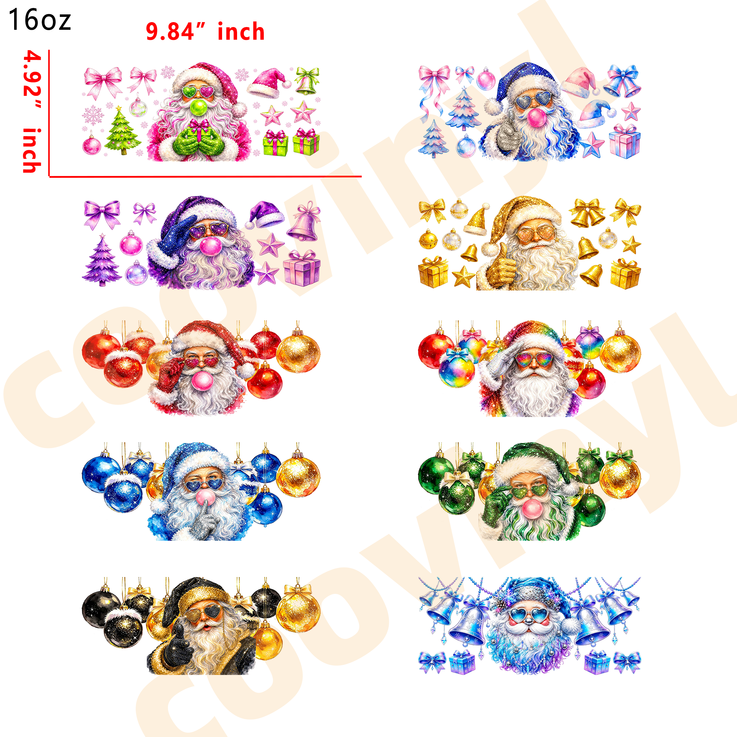(L67) 10pcs Santa Claus 16OZ Tumbler Cup Wraps, Waterproof Fade-Resistant Decal Stickers, Vivid HD Print with Strong Adhesion, Customizable Transfers for Glass Cups, Mugs & Smooth Surfaces, DIY Art Craft Supplies