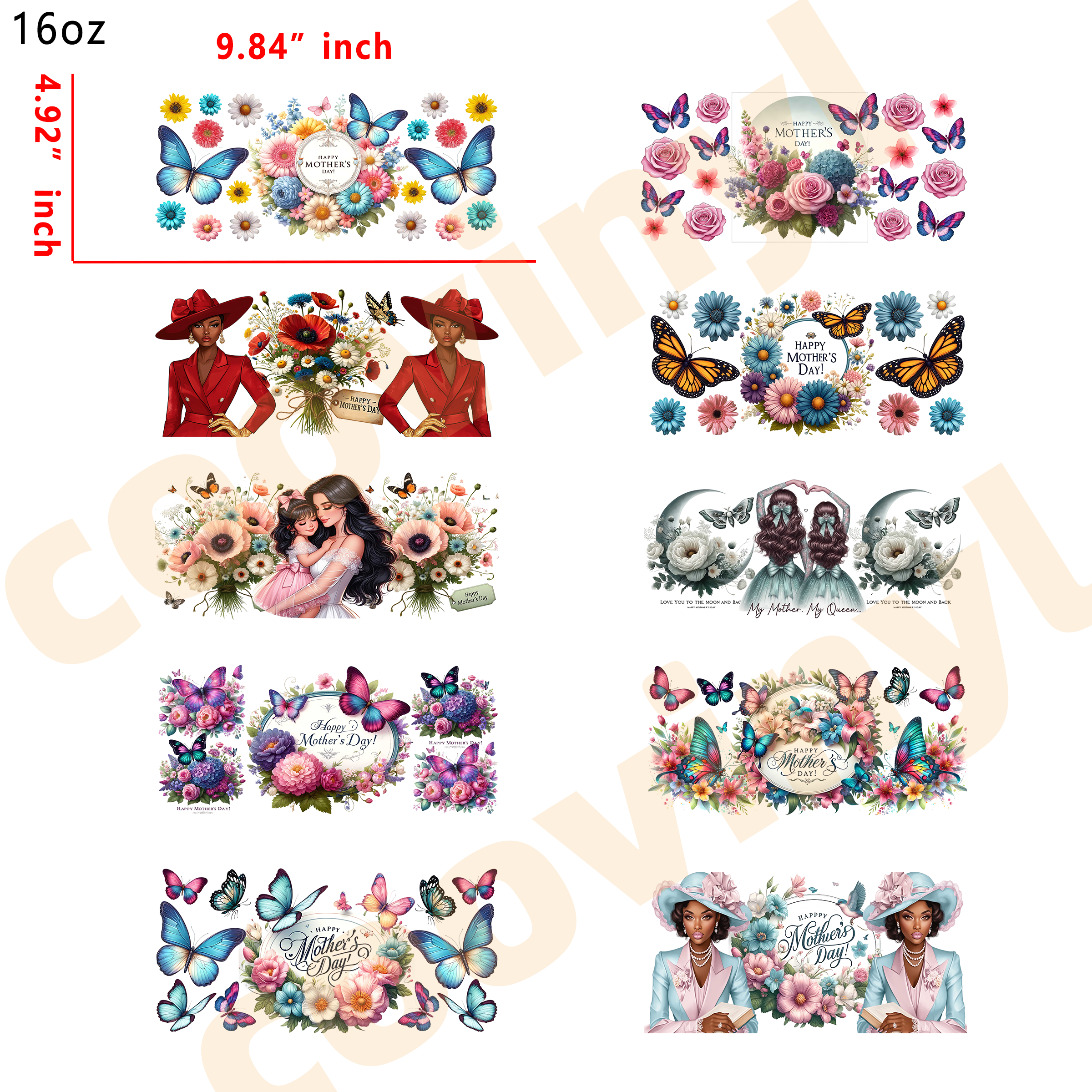 (L8) 10pcs mother day  16OZ Tumbler Cup Wraps, Waterproof Fade-Resistant Decal Stickers, Vivid HD Print with Strong Adhesion, Customizable Transfers for Glass Cups, Mugs & Smooth Surfaces, DIY Art Craft Supplies