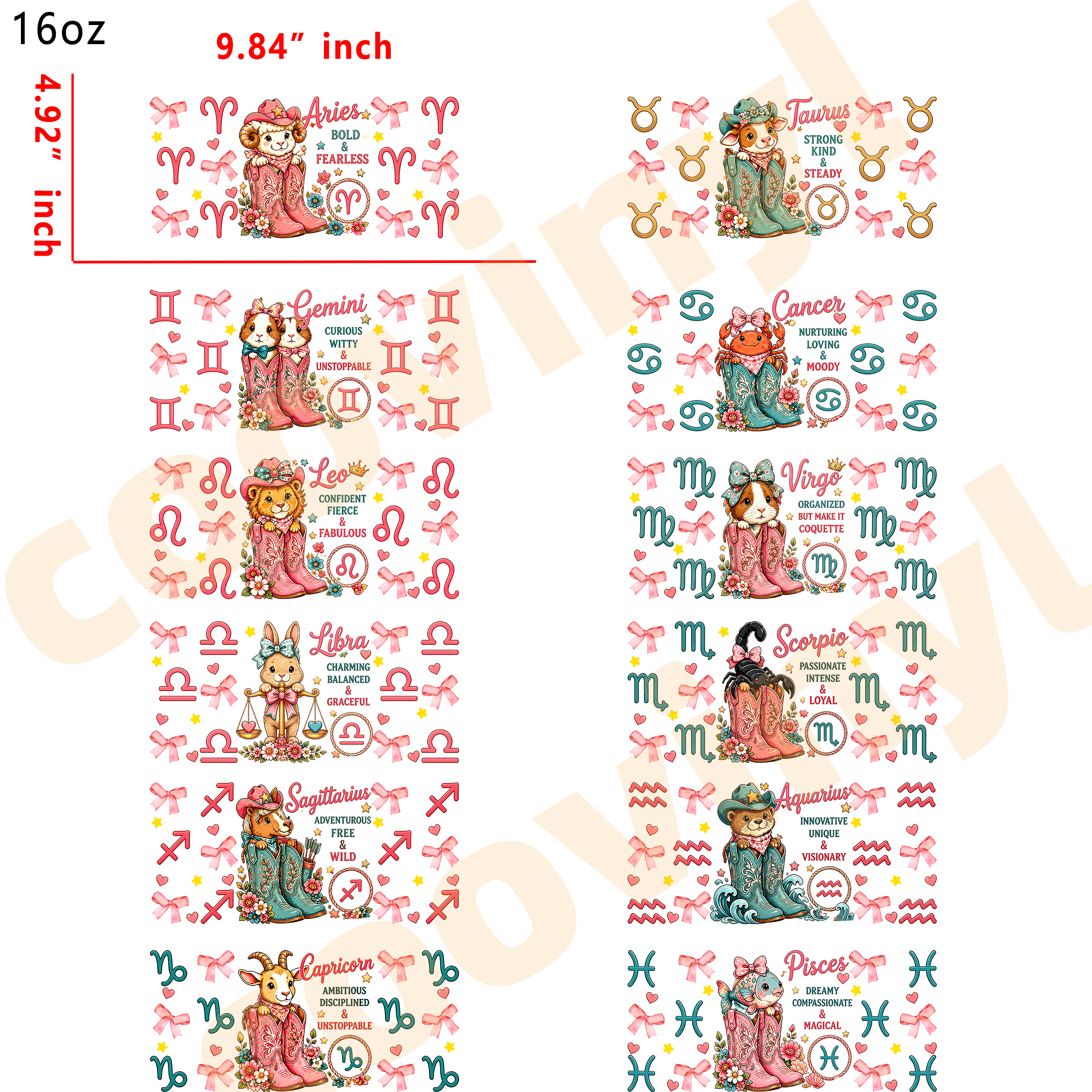 (M11) 12pcs animal zodiac 16OZ Tumbler Cup Wraps, Waterproof Fade-Resistant Decal Stickers, Vivid HD Print with Strong Adhesion, Customizable Transfers for Glass Cups, Mugs & Smooth Surfaces, DIY Art Craft Supplies