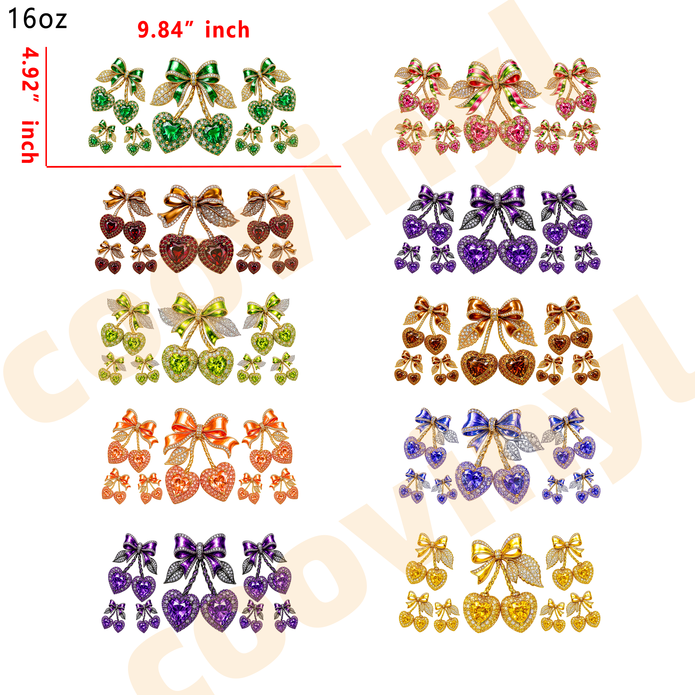 (M47) 10pcs jewel cherry 16OZ Tumbler Cup Wraps, Waterproof Fade-Resistant Decal Stickers, Vivid HD Print with Strong Adhesion, Customizable Transfers for Glass Cups, Mugs & Smooth Surfaces, DIY Art Craft Supplies