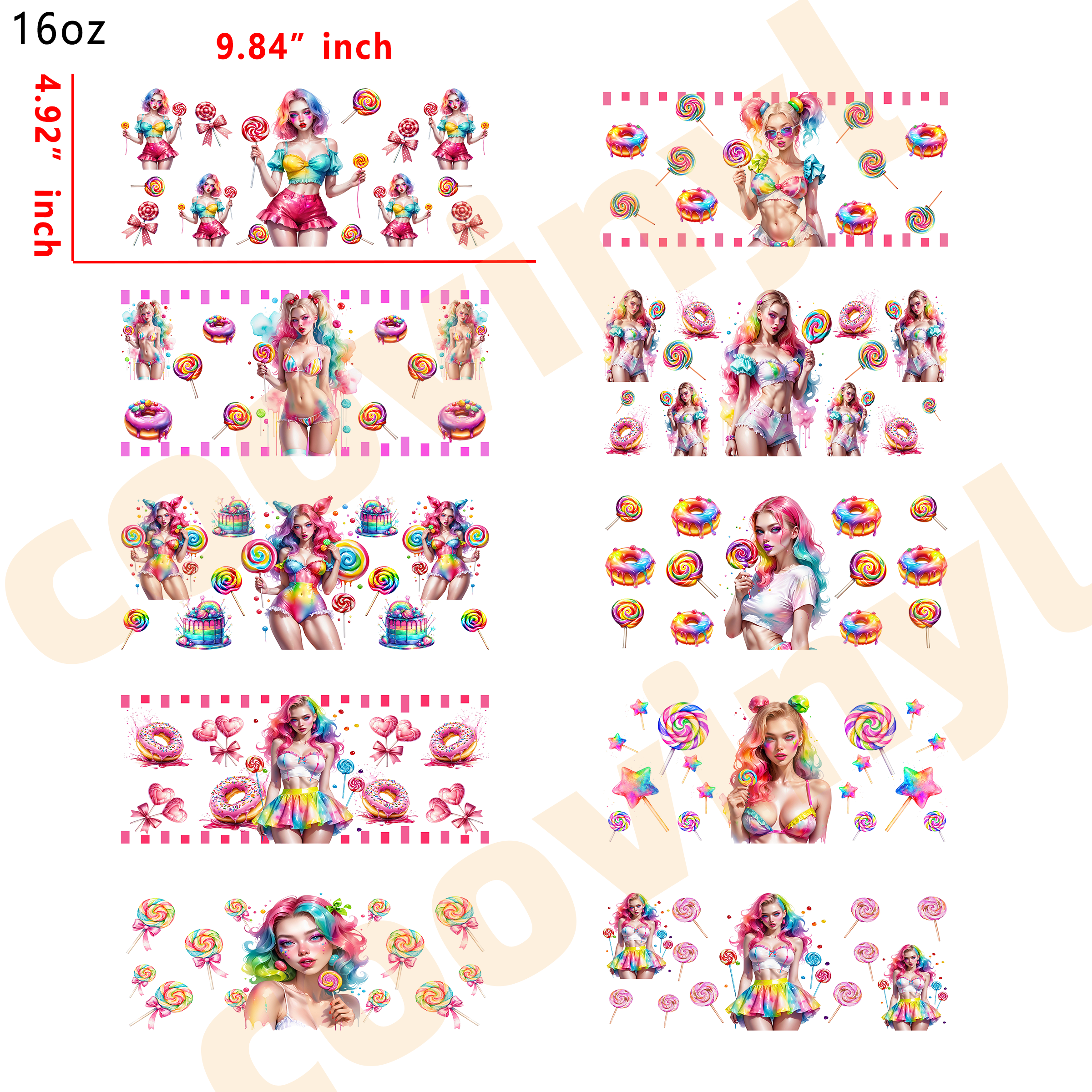 (M52) 10pcs candy girl 16OZ Tumbler Cup Wraps, Waterproof Fade-Resistant Decal Stickers, Vivid HD Print with Strong Adhesion, Customizable Transfers for Glass Cups, Mugs & Smooth Surfaces, DIY Art Craft Supplies