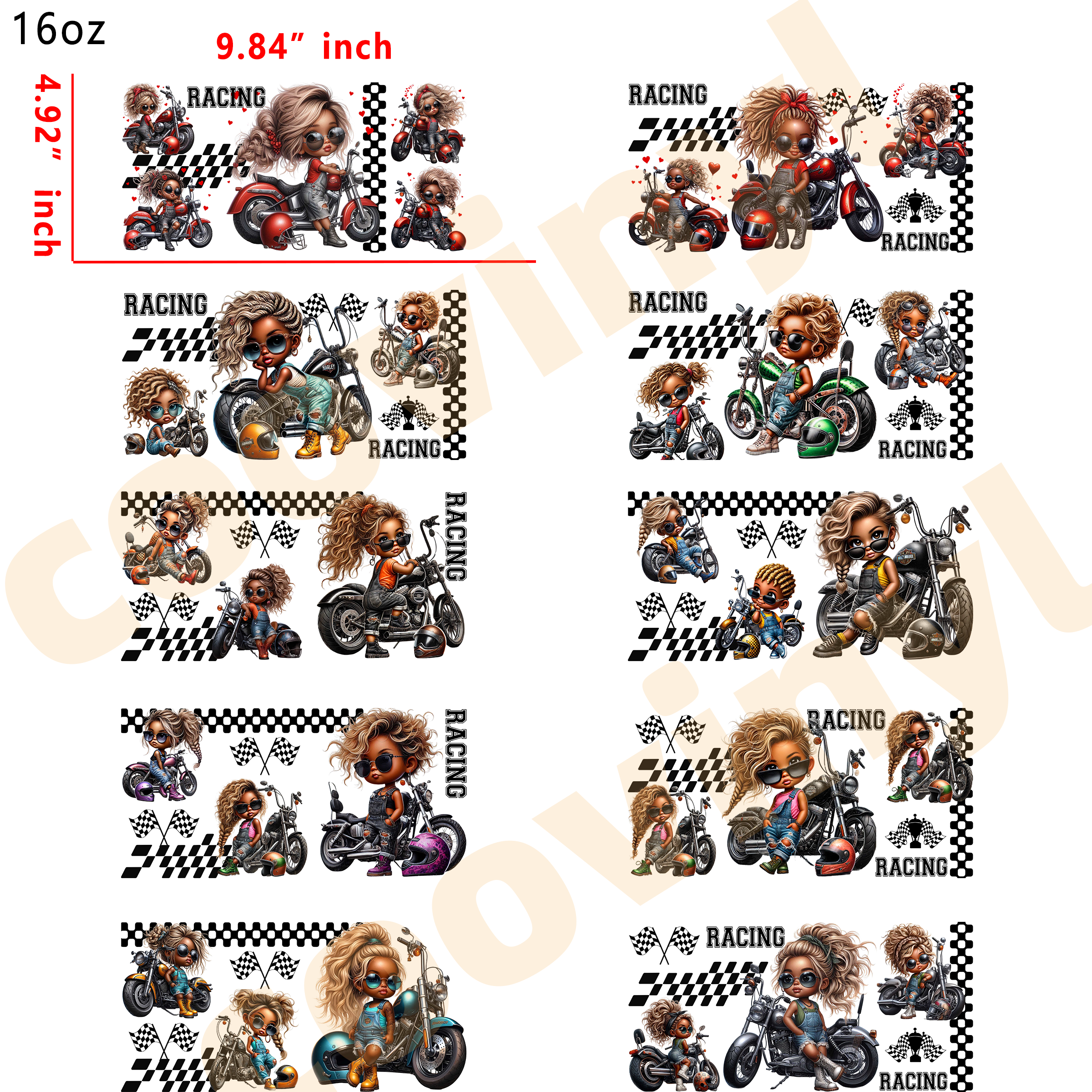 (M69) 10pcs racing girl 16OZ Tumbler Cup Wraps, Waterproof Fade-Resistant Decal Stickers, Vivid HD Print with Strong Adhesion, Customizable Transfers for Glass Cups, Mugs & Smooth Surfaces, DIY Art Craft Supplies