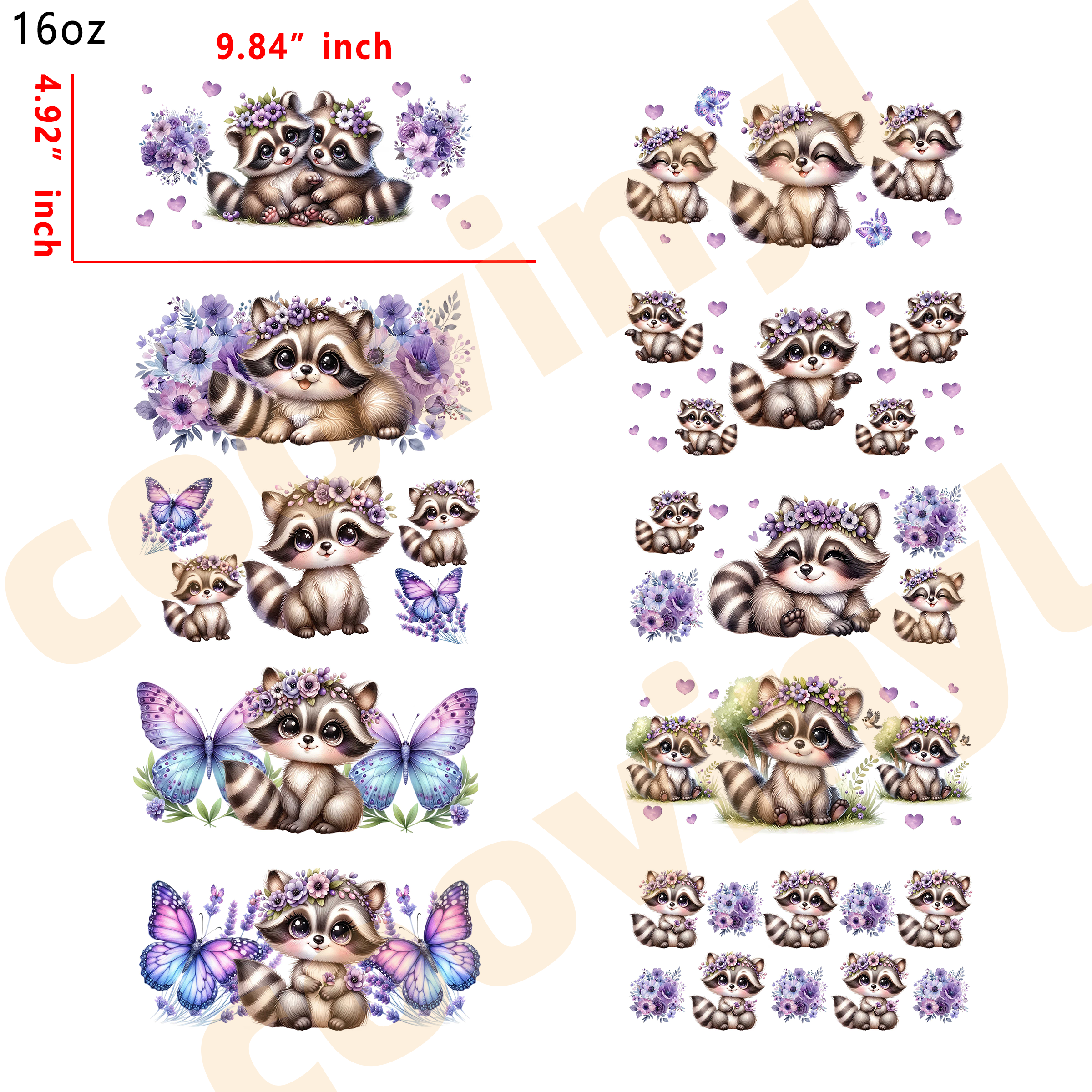 (M76) 10pcs Raccoon 16OZ Tumbler Cup Wraps, Waterproof Fade-Resistant Decal Stickers, Vivid HD Print with Strong Adhesion, Customizable Transfers for Glass Cups, Mugs & Smooth Surfaces, DIY Art Craft Supplies