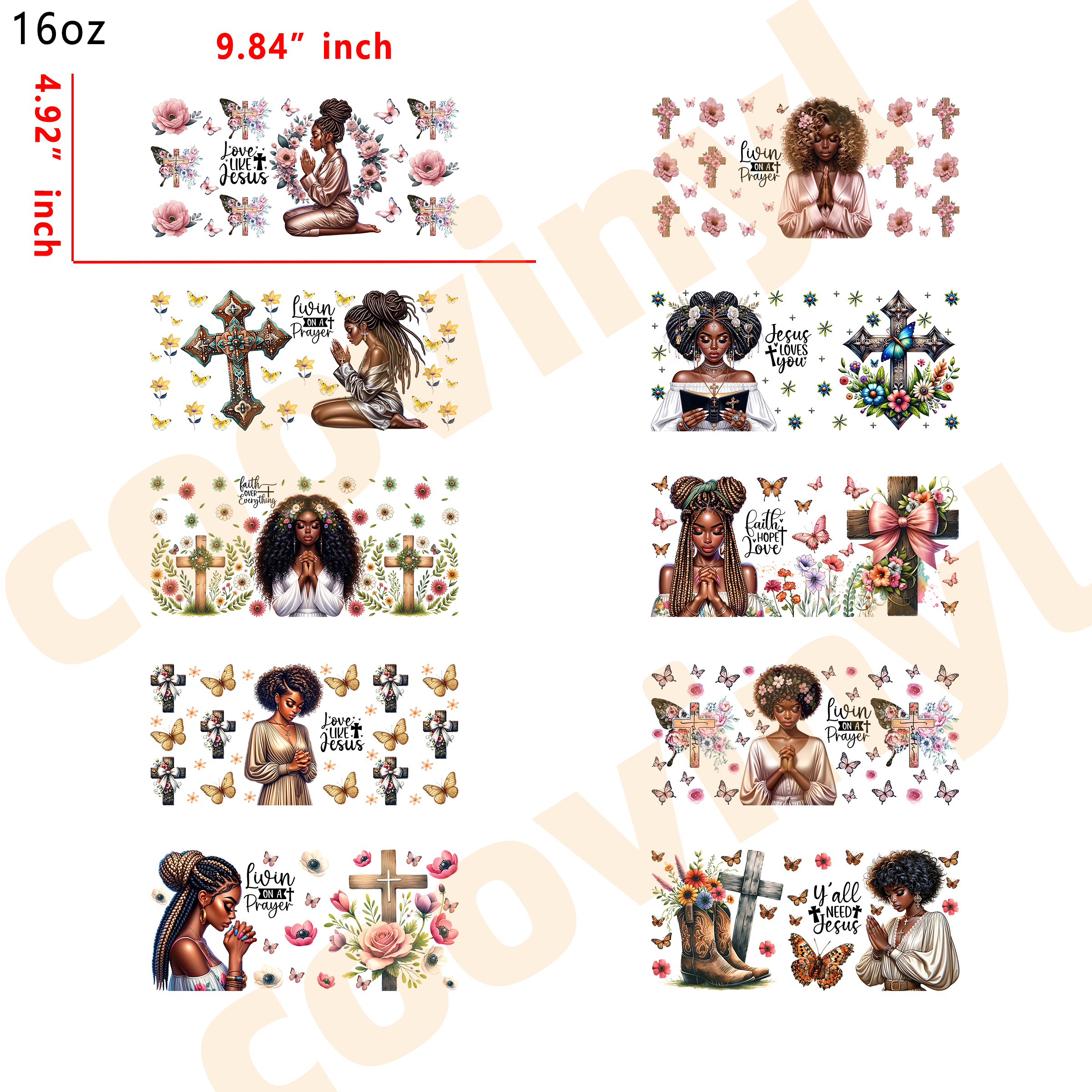 (T6) 20pcs black women pray 16OZ Tumbler Cup Wraps, Waterproof Fade-Resistant Decal Stickers, Vivid HD Print with Strong Adhesion, Customizable Transfers for Glass Cups, Mugs & Smooth Surfaces, DIY Art Craft Supplies