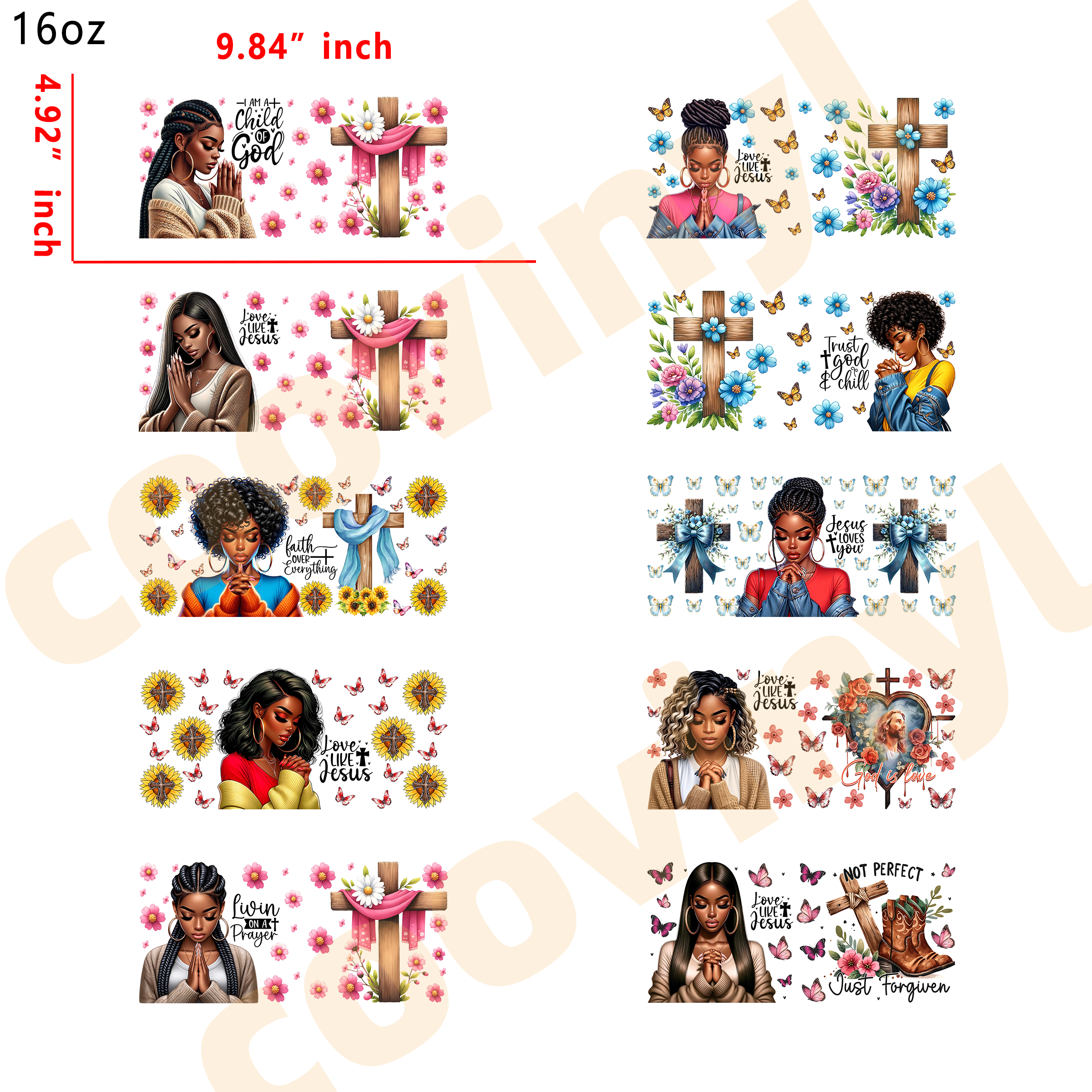 (T6) 10pcs black women pray 16OZ Tumbler Cup Wraps, Waterproof Fade-Resistant Decal Stickers, Vivid HD Print with Strong Adhesion, Customizable Transfers for Glass Cups, Mugs & Smooth Surfaces, DIY Art Craft Supplies