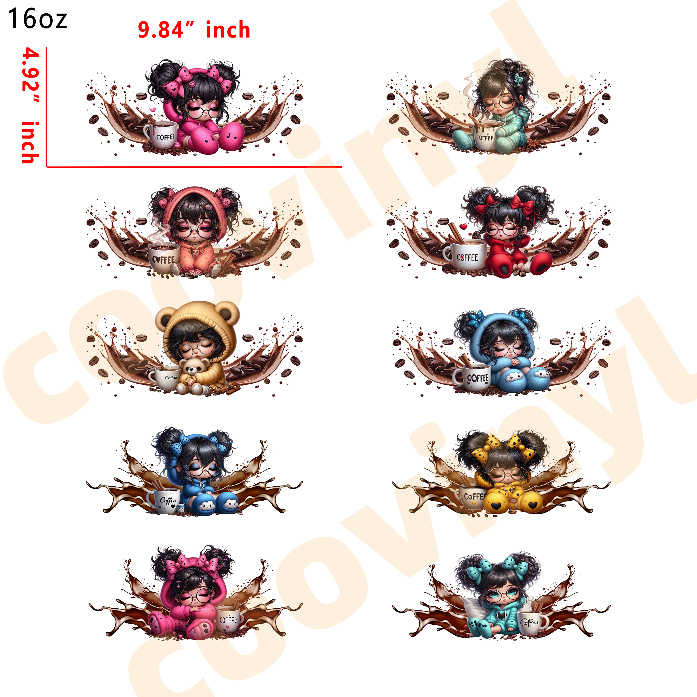 (U25) 20pcs coffee girl 16OZ Tumbler Cup Wraps, Waterproof Fade-Resistant Decal Stickers, Vivid HD Print with Strong Adhesion, Customizable Transfers for Glass Cups, Mugs & Smooth Surfaces, DIY Art Craft Supplies