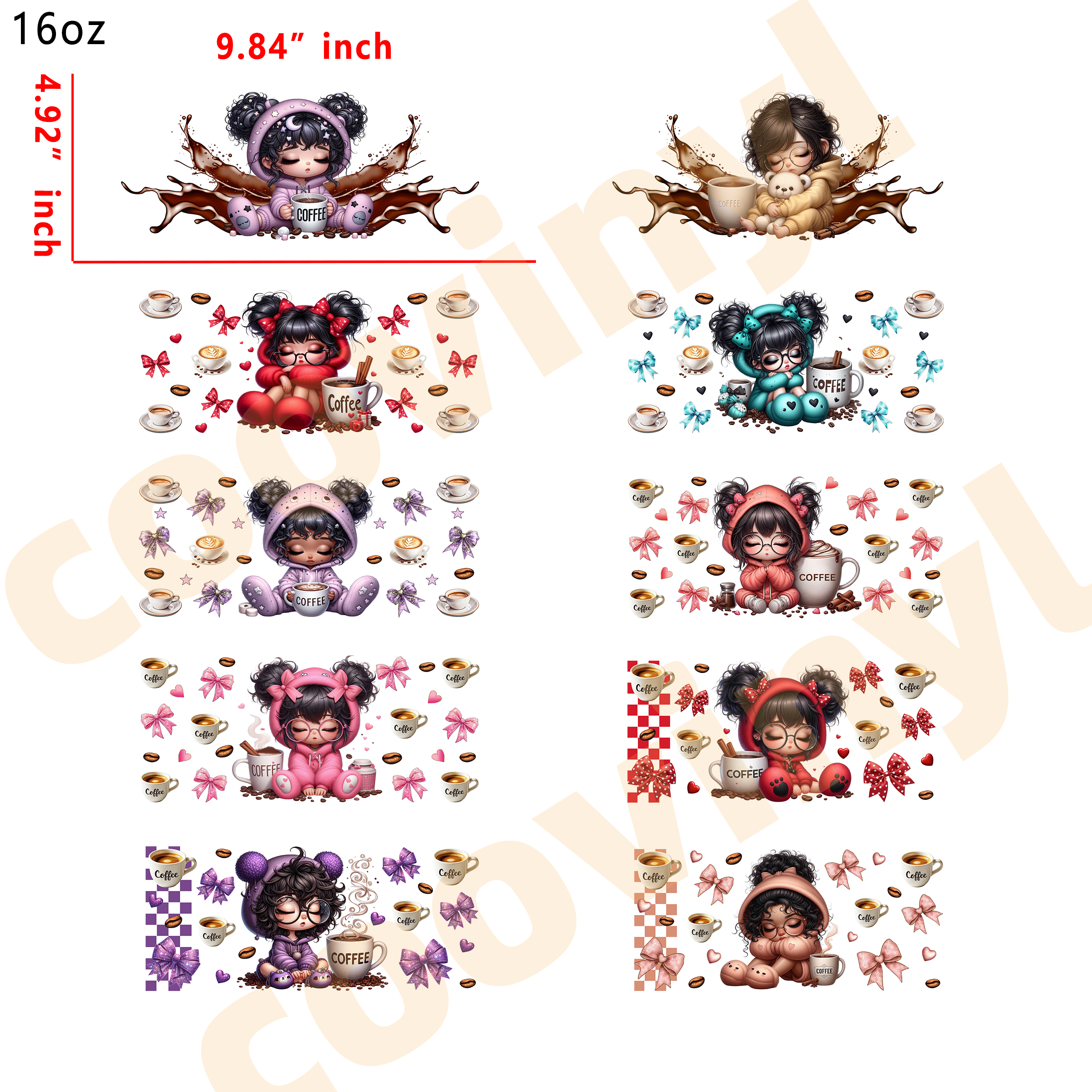 (U25) 20pcs coffee girl 16OZ Tumbler Cup Wraps, Waterproof Fade-Resistant Decal Stickers, Vivid HD Print with Strong Adhesion, Customizable Transfers for Glass Cups, Mugs & Smooth Surfaces, DIY Art Craft Supplies