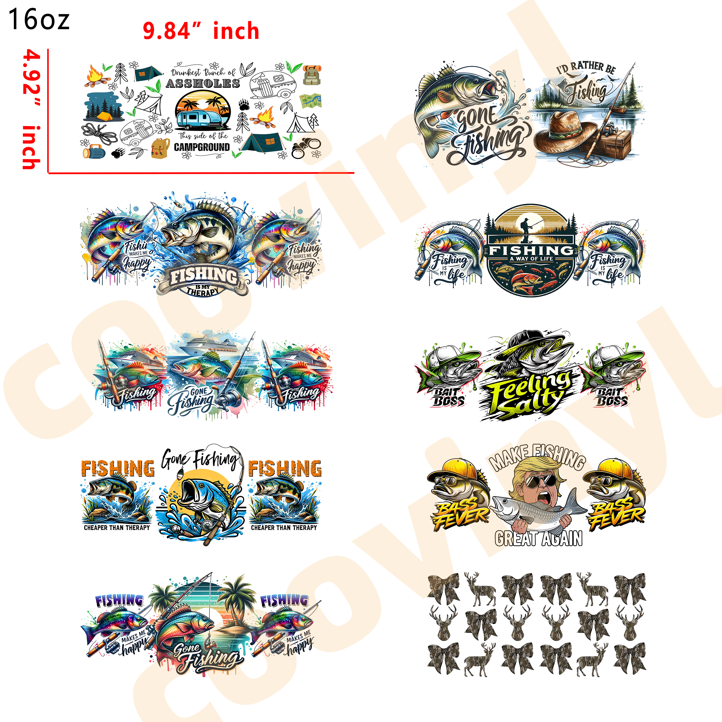 (U36) 20pcs fishing hunting 16OZ Tumbler Cup Wraps, Waterproof Fade-Resistant Decal Stickers, Vivid HD Print with Strong Adhesion, Customizable Transfers for Glass Cups, Mugs & Smooth Surfaces, DIY Art Craft Supplies