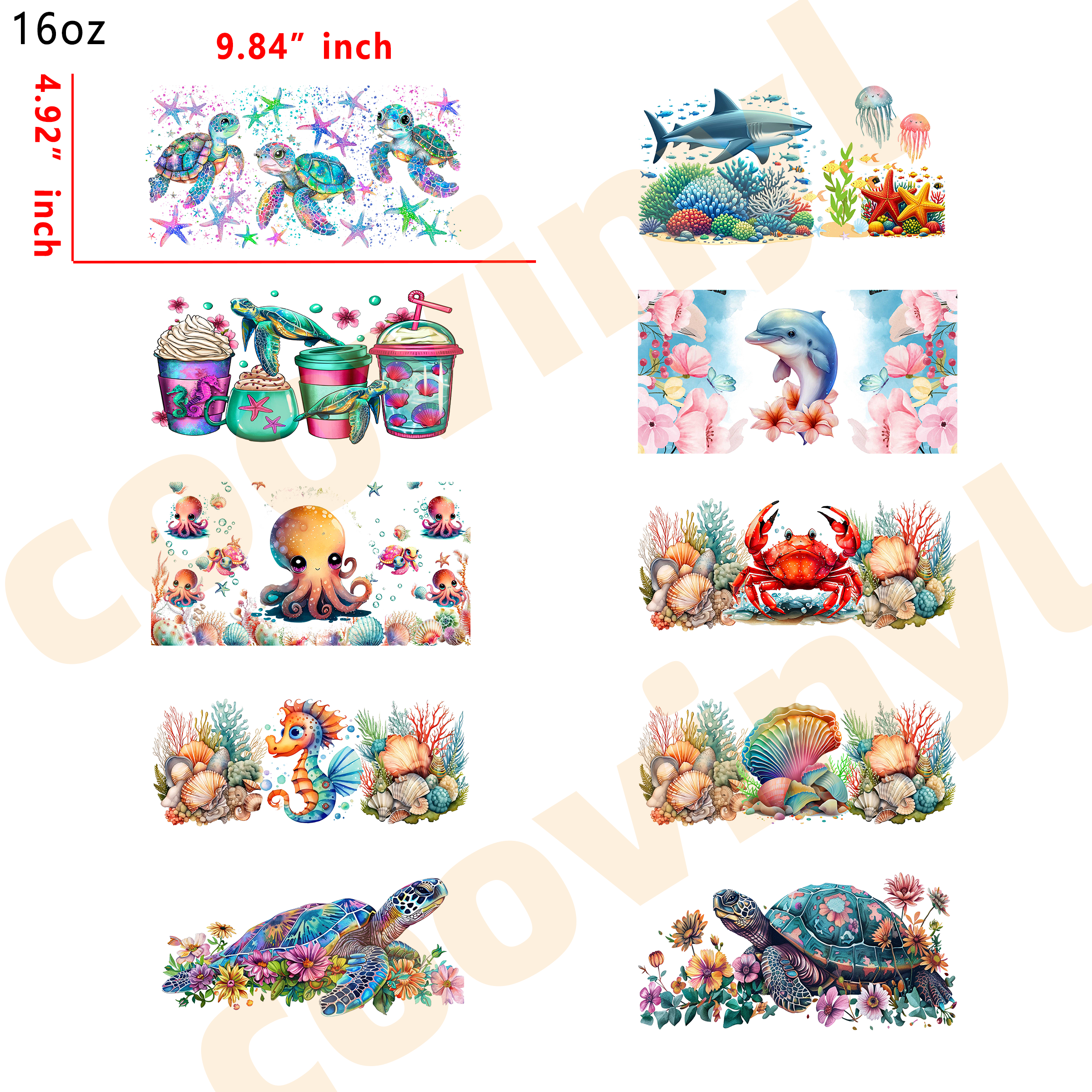 (U40) 20pcs sea creature 16OZ Tumbler Cup Wraps, Waterproof Fade-Resistant Decal Stickers, Vivid HD Print with Strong Adhesion, Customizable Transfers for Glass Cups, Mugs & Smooth Surfaces, DIY Art Craft Supplies