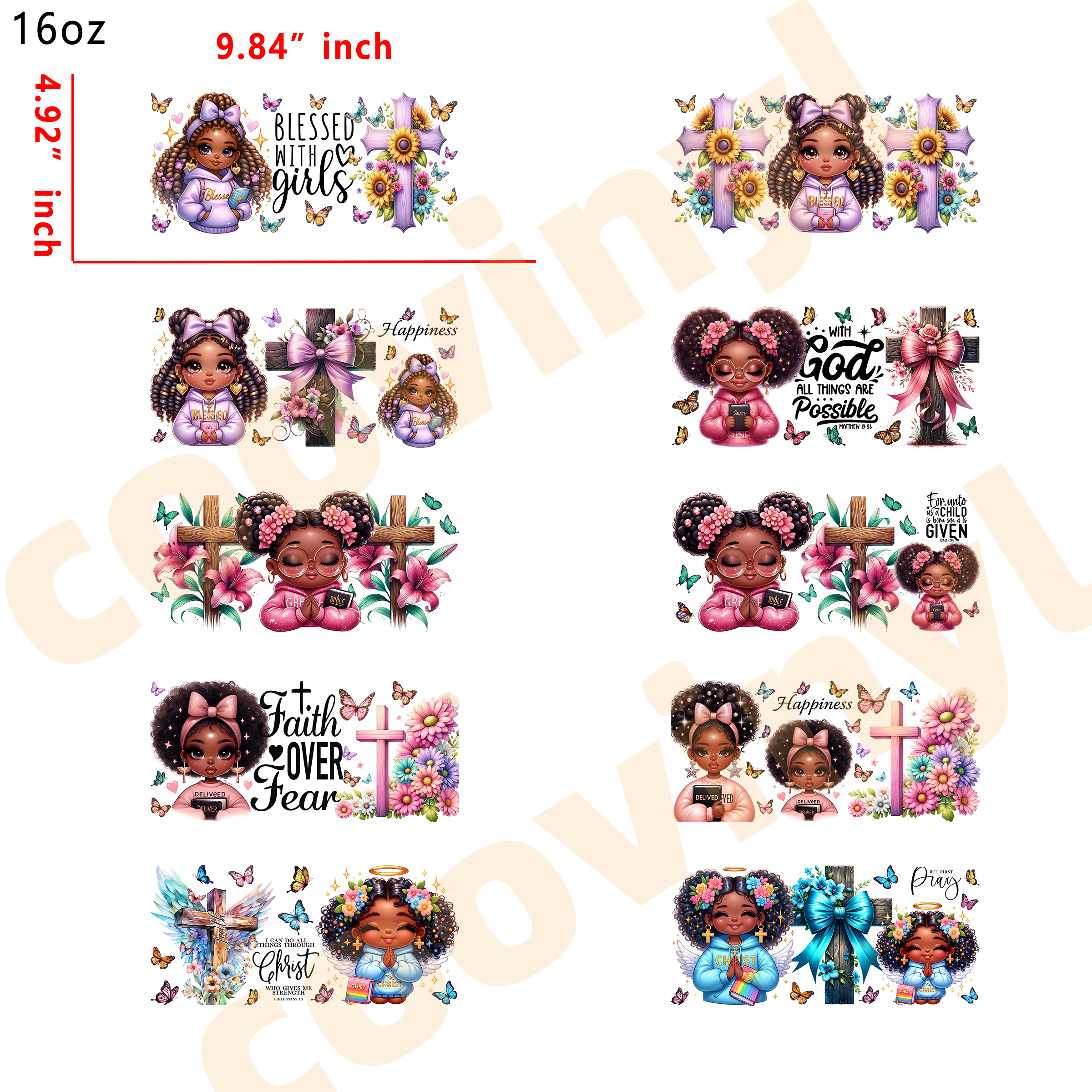 (U70) 20pcs Christ Black Girl 16OZ Tumbler Cup Wraps, Waterproof Fade-Resistant Decal Stickers, Vivid HD Print with Strong Adhesion, Customizable Transfers for Glass Cups, Mugs & Smooth Surfaces, DIY Art Craft Supplies