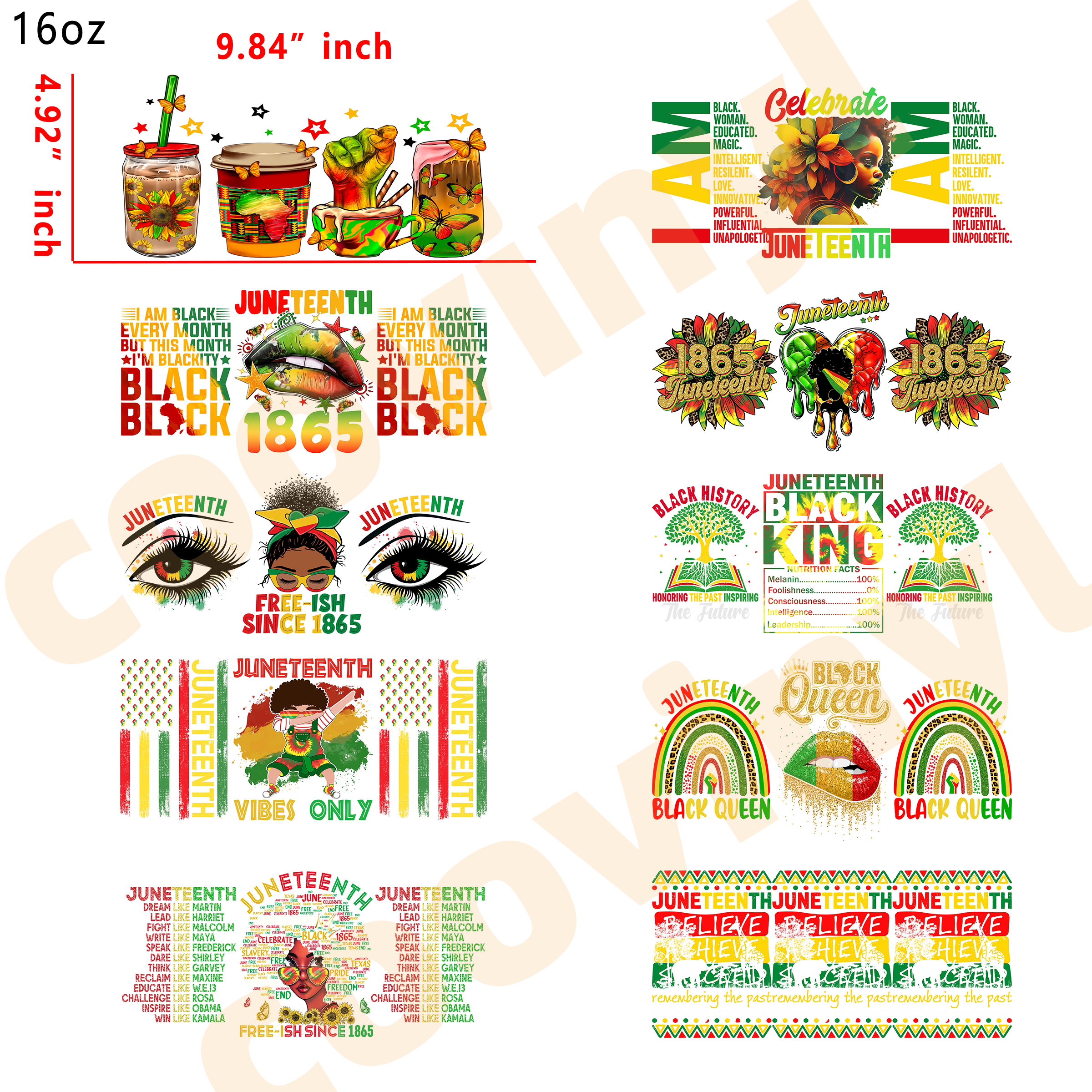 (X62) 20pcs juneteeth 16OZ Tumbler Cup Wraps, Waterproof Fade-Resistant Decal Stickers, Vivid HD Print with Strong Adhesion, Customizable Transfers for Glass Cups, Mugs & Smooth Surfaces, DIY Art Craft Supplies