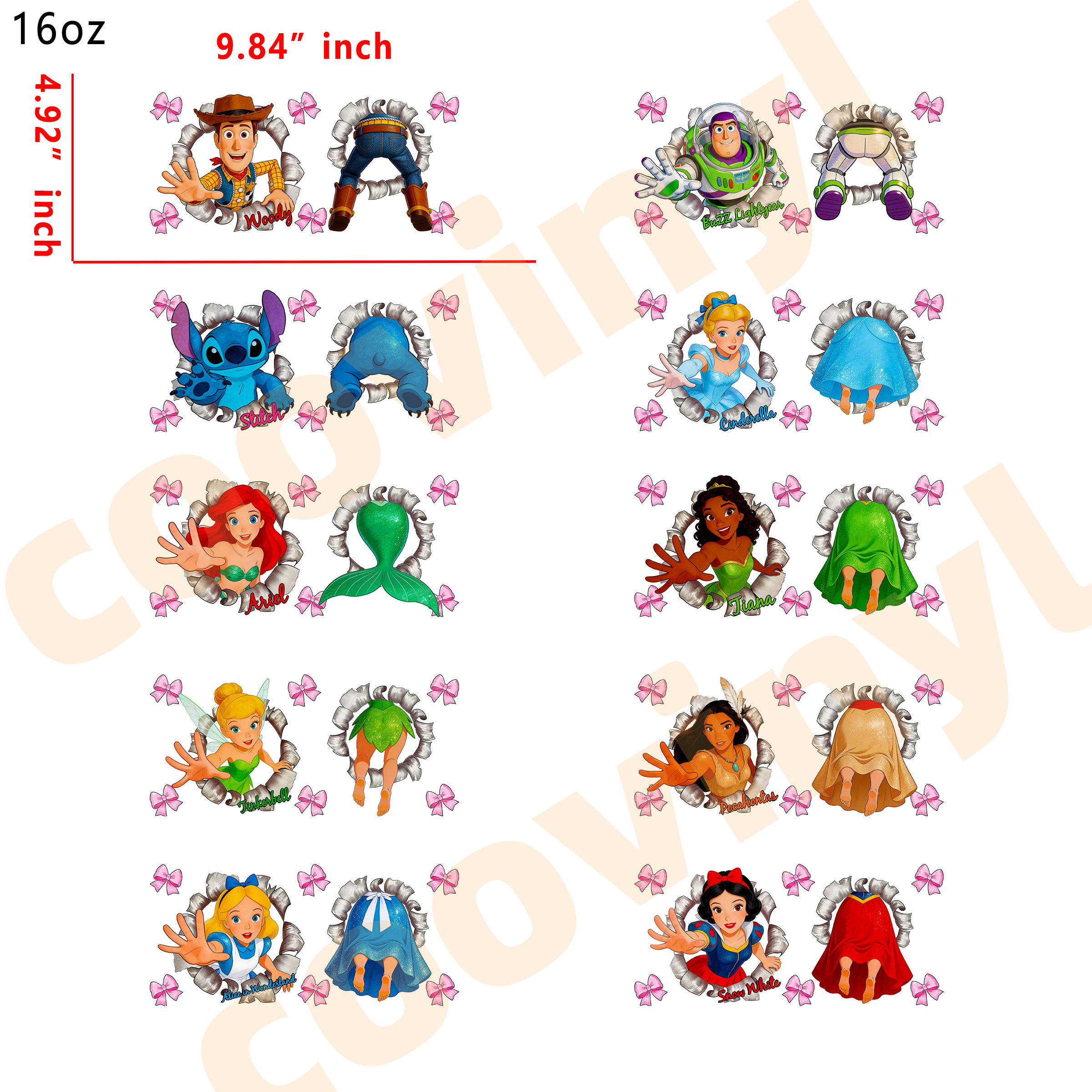 (K23) 10pcs DISNEY MIX 16OZ Tumbler Cup Wraps, Waterproof Fade-Resistant Decal Stickers, Vivid HD Print with Strong Adhesion, Customizable Transfers for Glass Cups, Mugs & Smooth Surfaces, DIY Art Craft Supplies