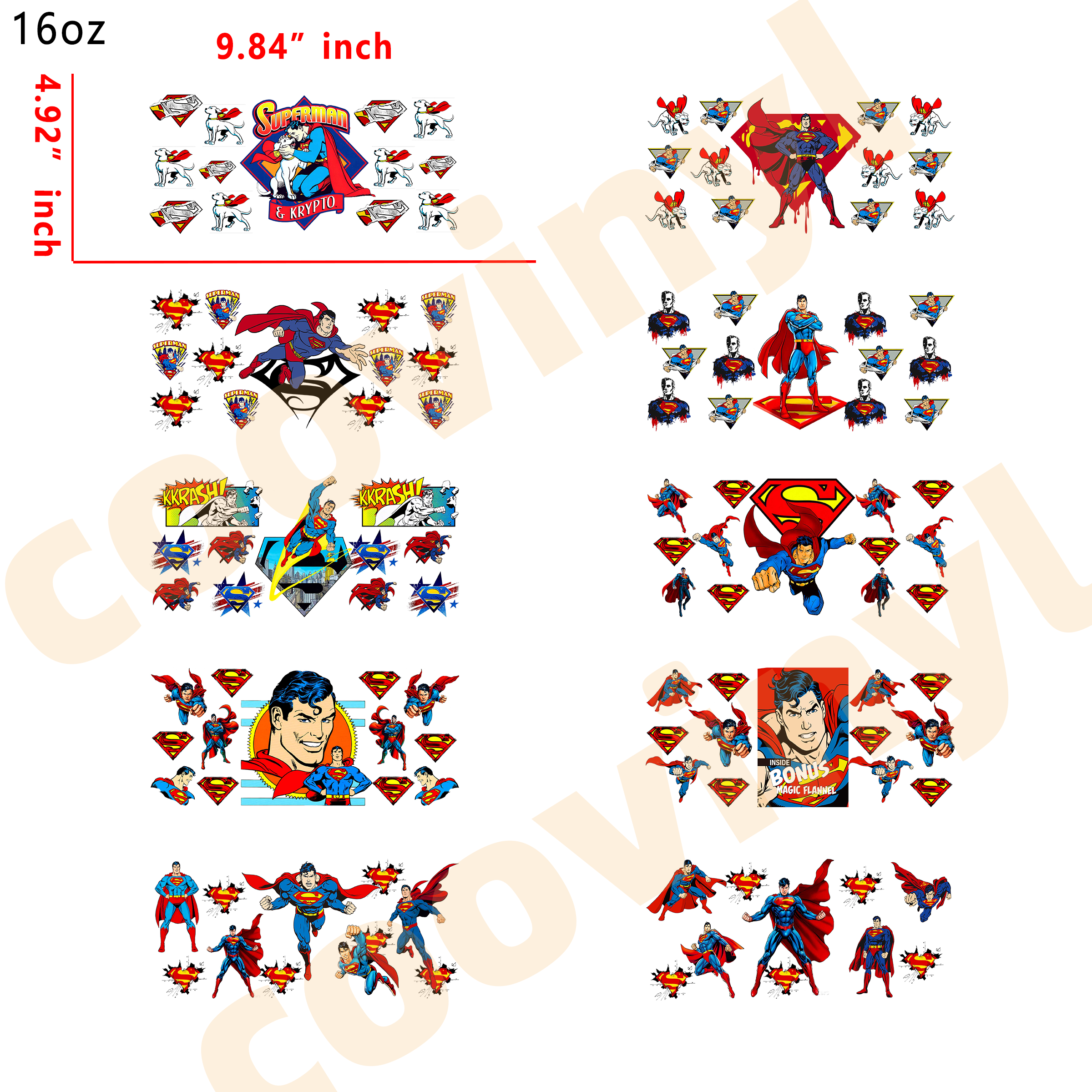 (K60) 10pcs Superman 16OZ Tumbler Cup Wraps, Waterproof Fade-Resistant Decal Stickers, Vivid HD Print with Strong Adhesion, Customizable Transfers for Glass Cups, Mugs & Smooth Surfaces, DIY Art Craft Supplies