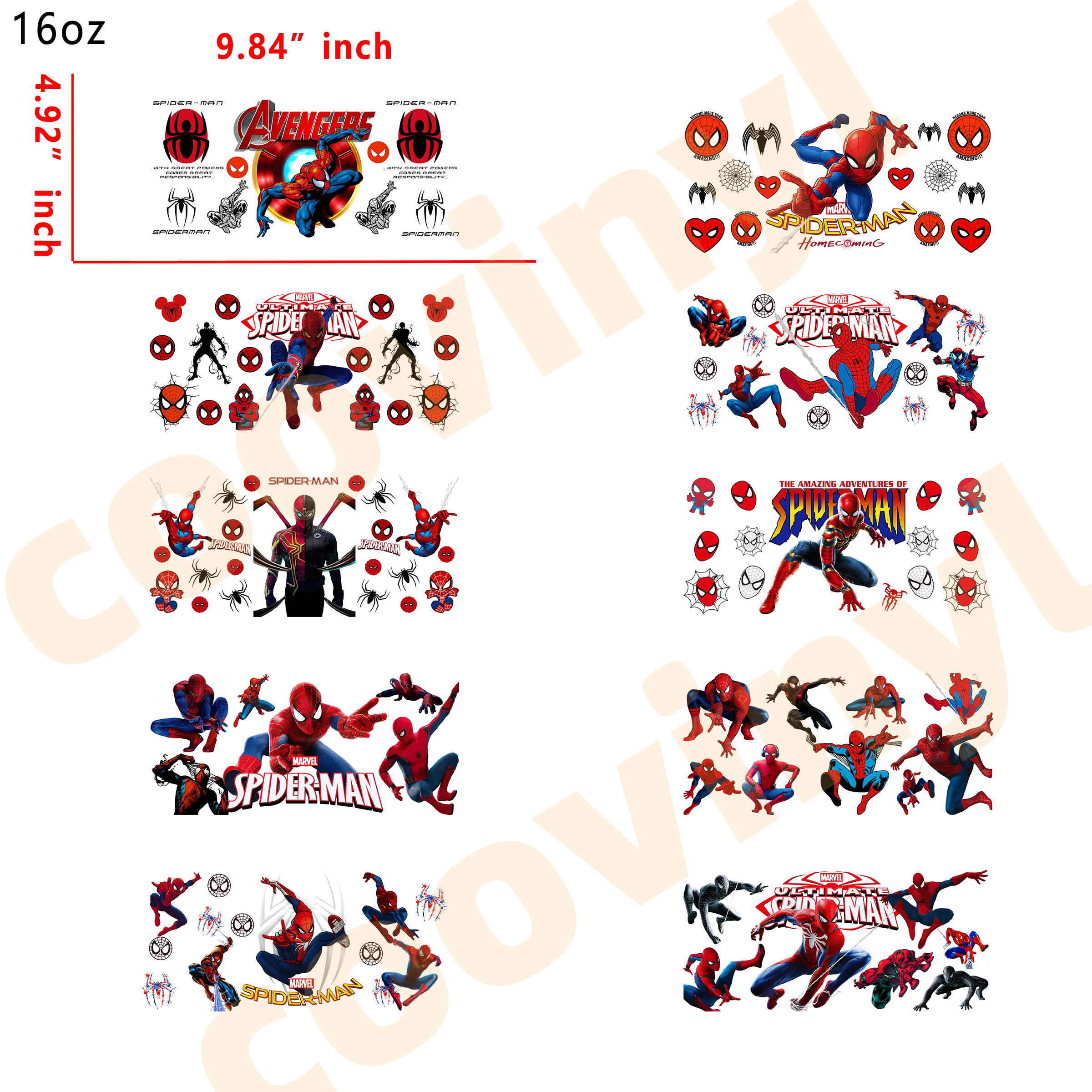 (K61) 10pcs Spider-Man 16OZ Tumbler Cup Wraps, Waterproof Fade-Resistant Decal Stickers, Vivid HD Print with Strong Adhesion, Customizable Transfers for Glass Cups, Mugs & Smooth Surfaces, DIY Art Craft Supplies