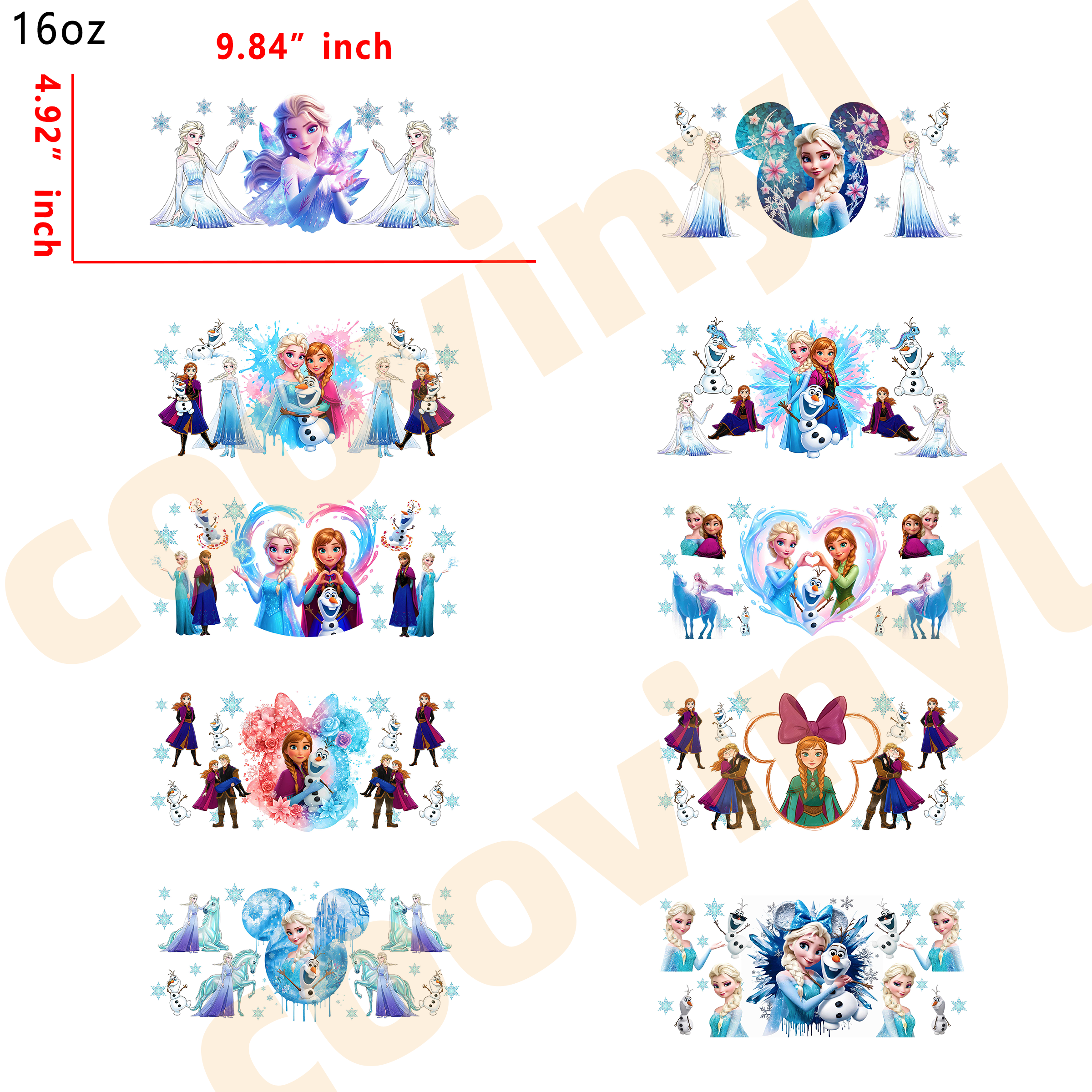 (K78) 10pcs Frozen 16OZ Tumbler Cup Wraps, Waterproof Fade-Resistant Decal Stickers, Vivid HD Print with Strong Adhesion, Customizable Transfers for Glass Cups, Mugs & Smooth Surfaces, DIY Art Craft Supplies