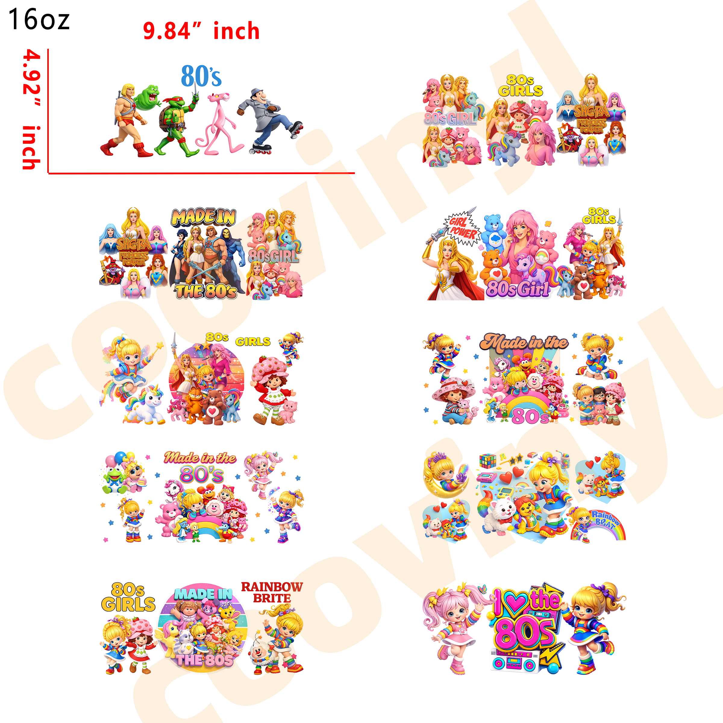 (K92) 10pcs 80s Cartoon 16OZ Tumbler Cup Wraps, Waterproof Fade-Resistant Decal Stickers, Vivid HD Print with Strong Adhesion, Customizable Transfers for Glass Cups, Mugs & Smooth Surfaces, DIY Art Craft Supplies
