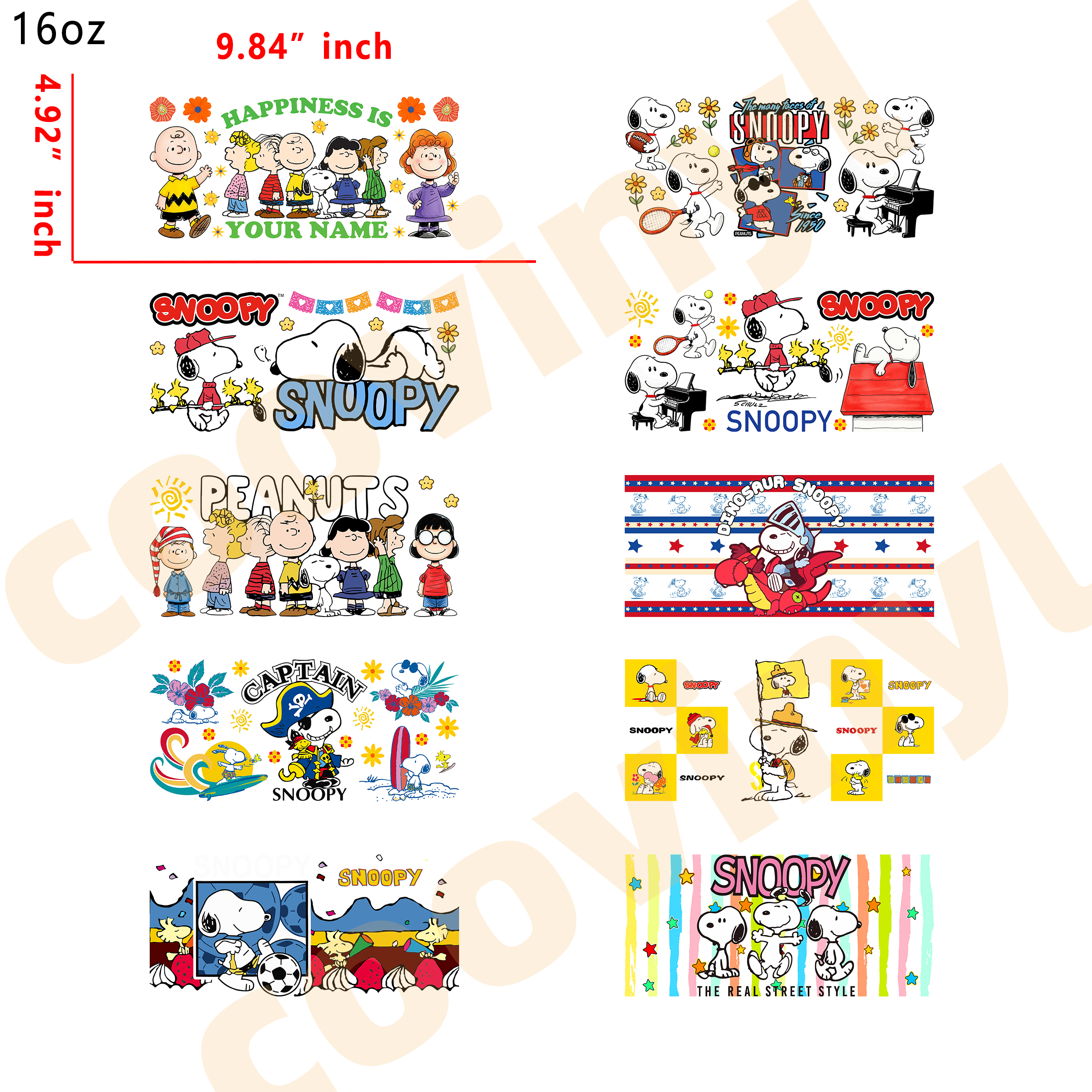 (L11) 10pcs snoopy 16OZ Tumbler Cup Wraps, Waterproof Fade-Resistant Decal Stickers, Vivid HD Print with Strong Adhesion, Customizable Transfers for Glass Cups, Mugs & Smooth Surfaces, DIY Art Craft Supplies